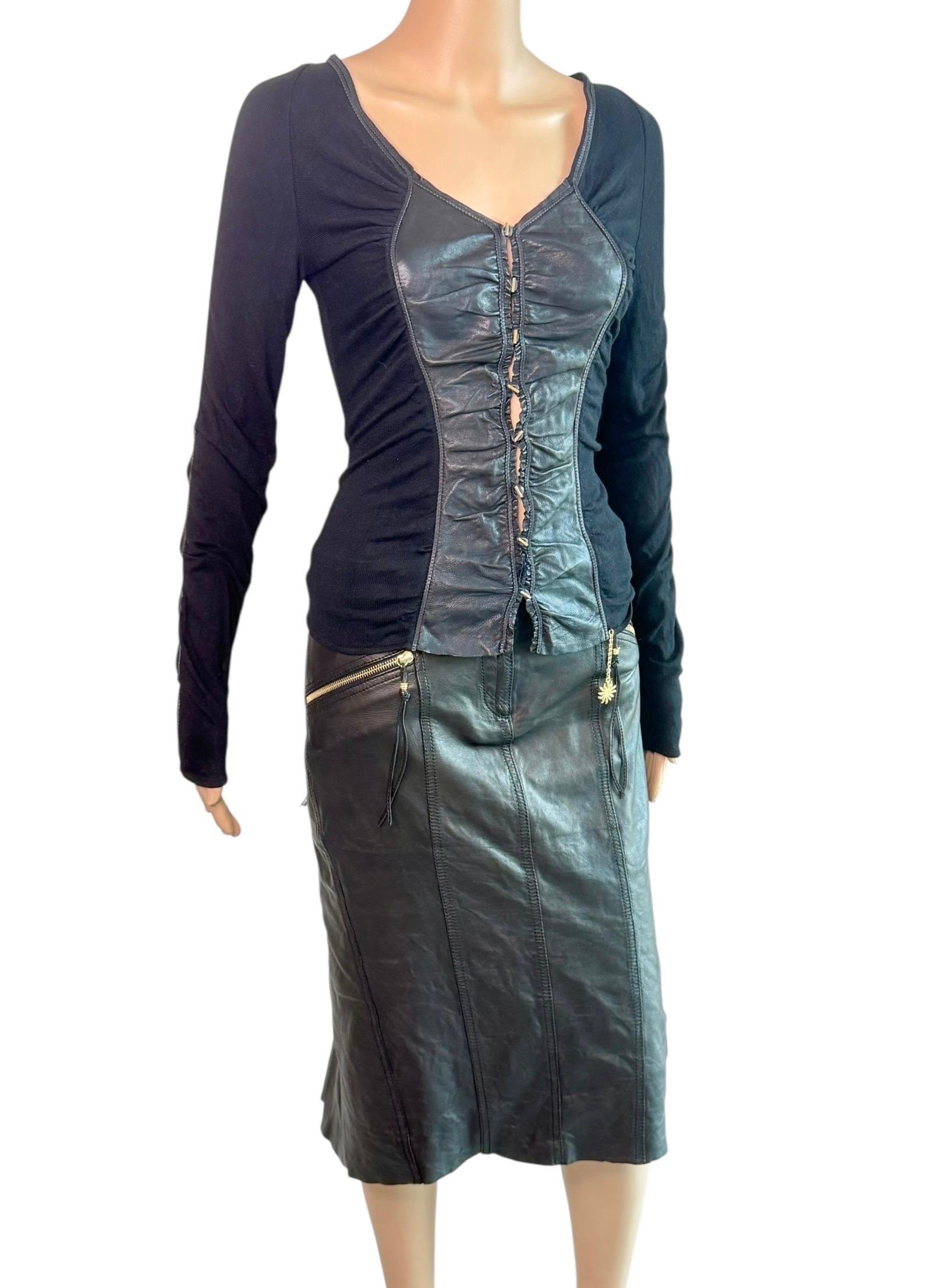 Roberto Cavalli 2003 Schwarzer Lederpullover Oberteil & Rock 2 Stück Set Ensemble Damen im Angebot