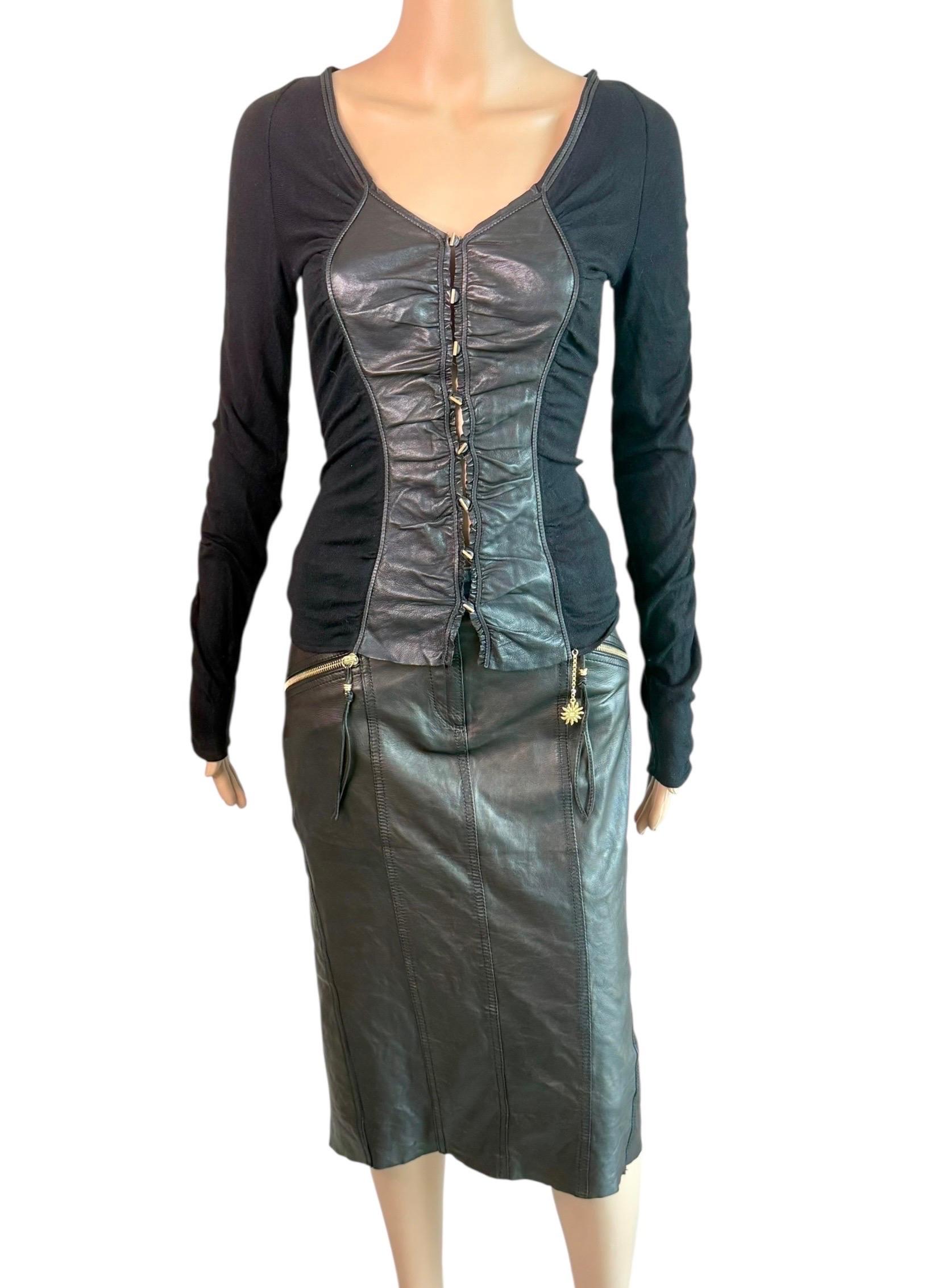 Roberto Cavalli 2003 Schwarzer Lederpullover Oberteil & Rock 2 Stück Set Ensemble im Angebot 3