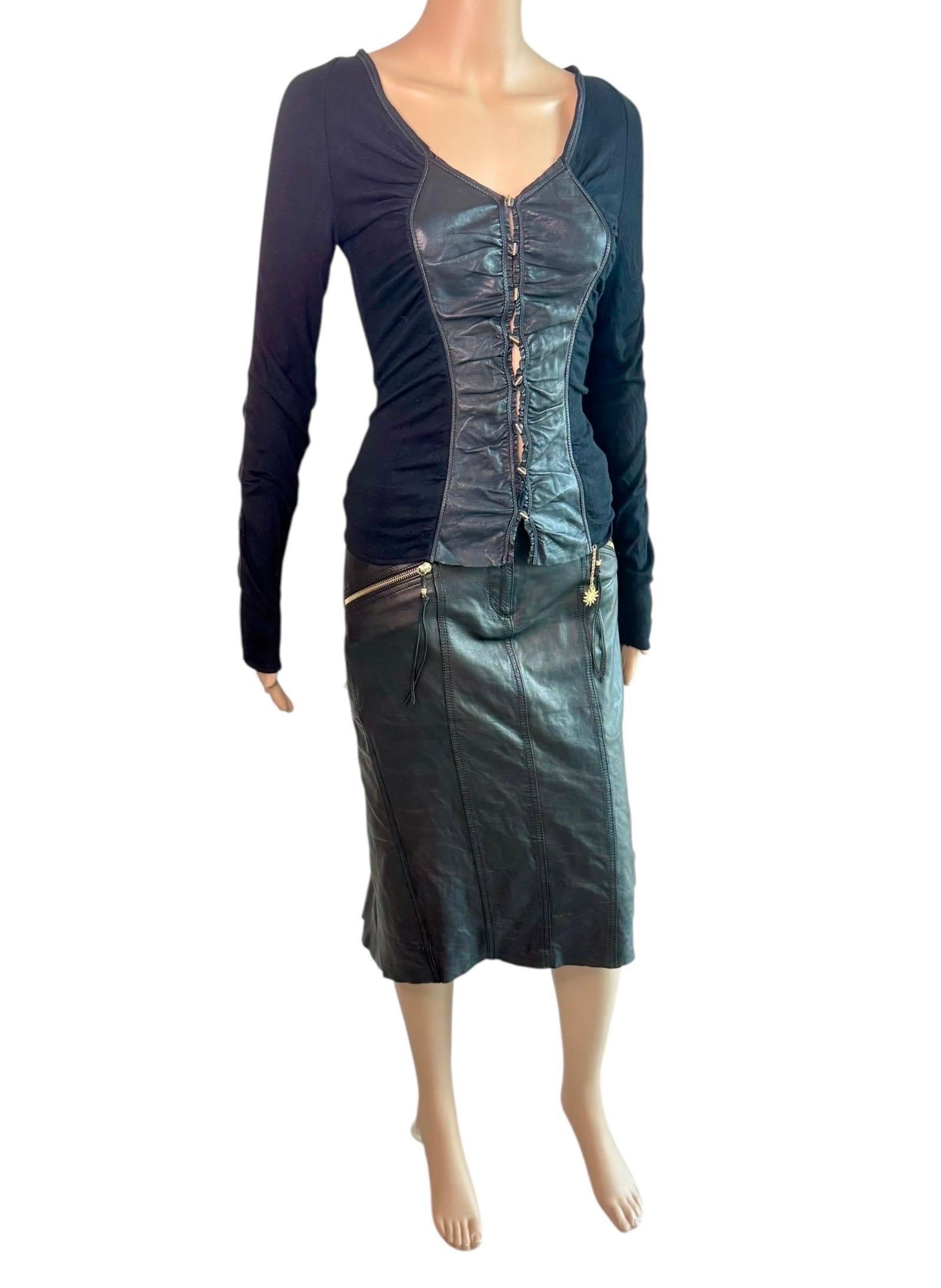 Roberto Cavalli 2003 Schwarzer Lederpullover Oberteil & Rock 2 Stück Set Ensemble im Angebot 5