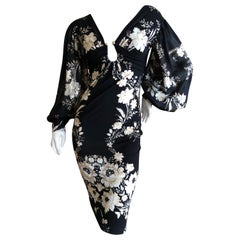 Roberto Cavalli 2003 Black Silk Silver Flowered Cocktail Dress w Poet Sleeves