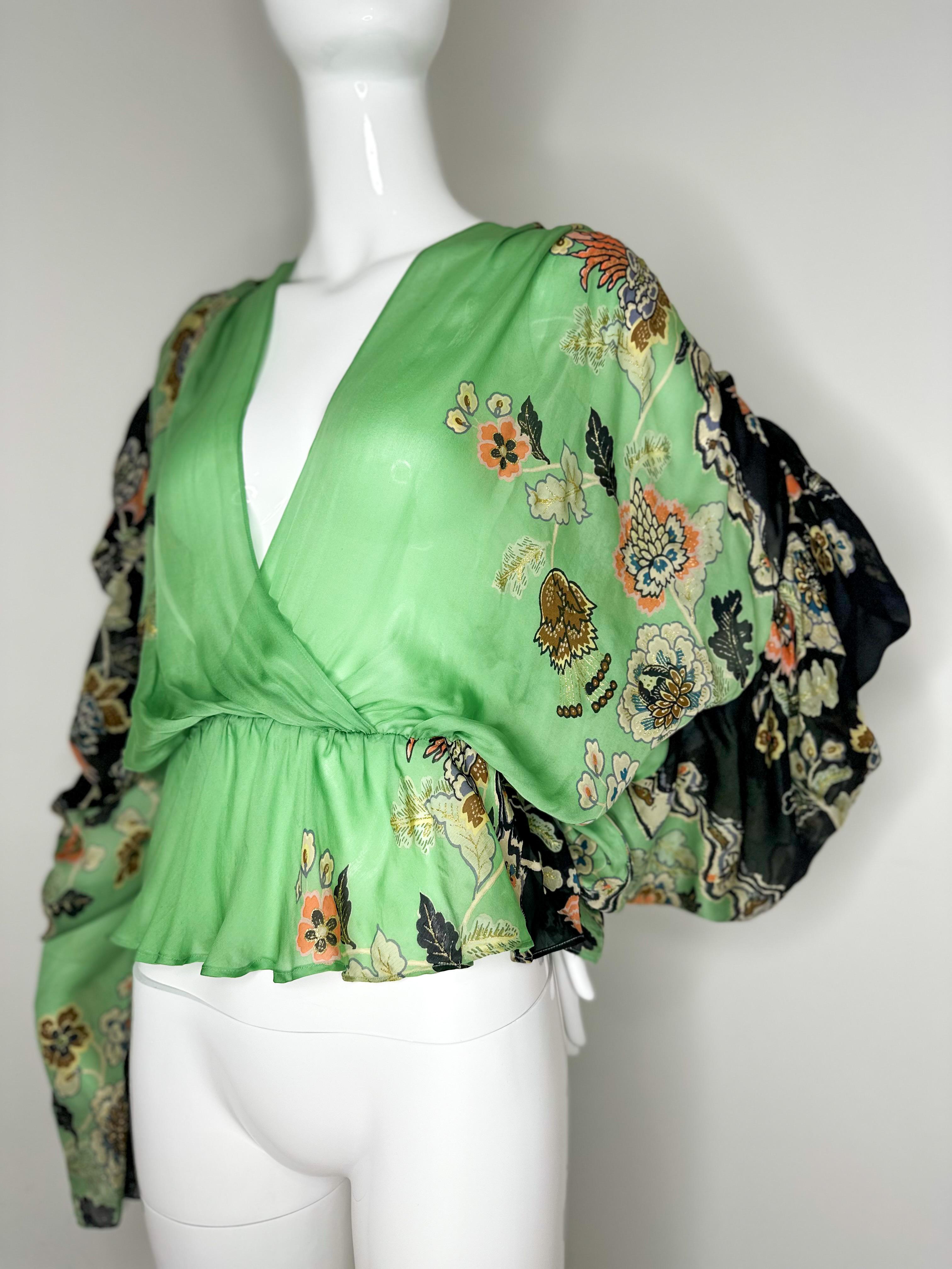 Roberto Cavalli 2003 chinoiserie silk ruffle top 
Size M 

As seen on the runway 

Good vintage condition, no rips or stains 
