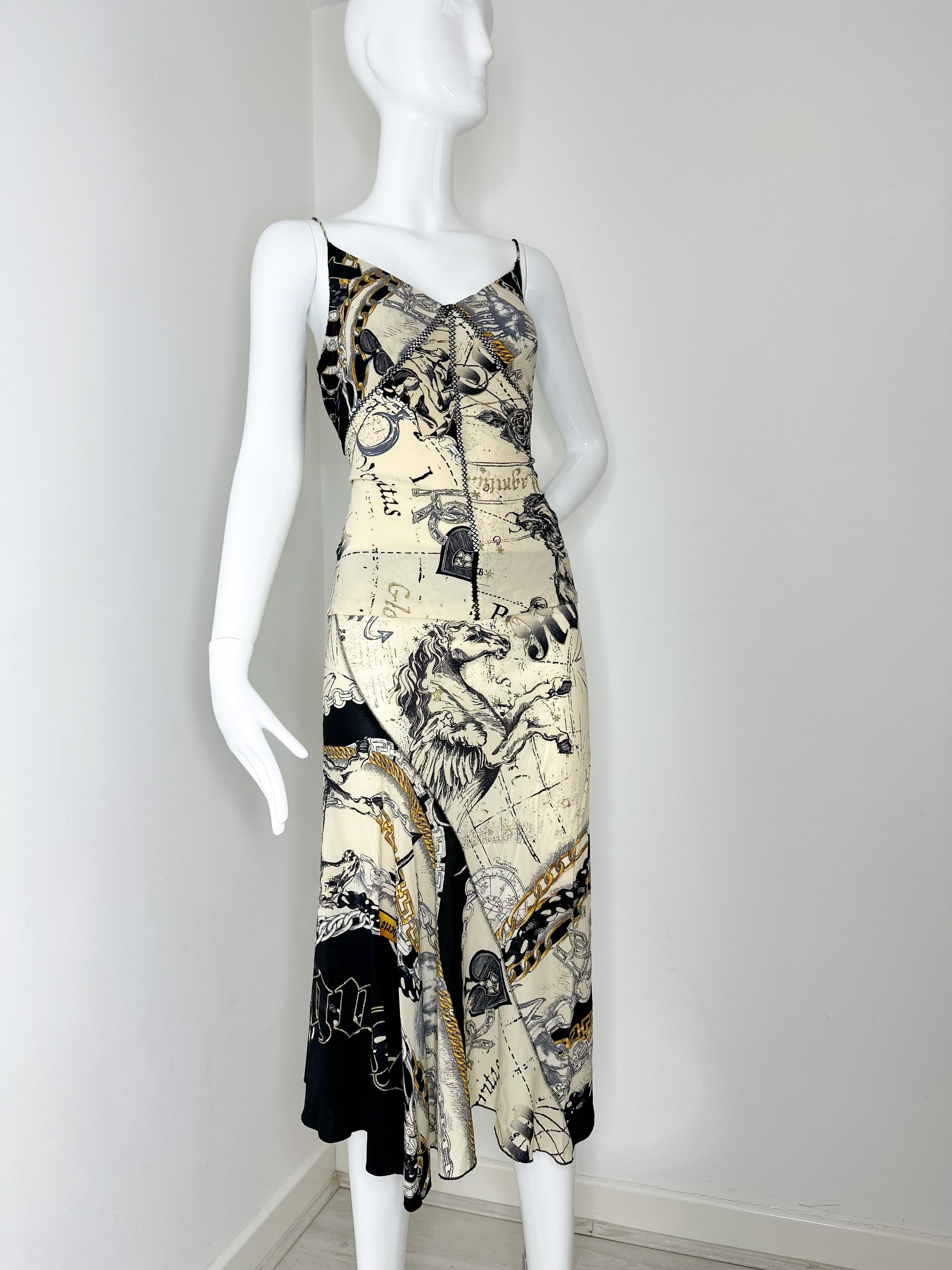 Roberto Cavalli 2003 mixed print constellation silk top and midi skirt set 

Top size M 
Armpit to armpit: 16.5 inches 
Waist: 15 inches 

Skirt no size tag but fits like S/M 
Waist: 14 3/4 inches approx.
Length: approx. 26.5 inches 
The fabric is a