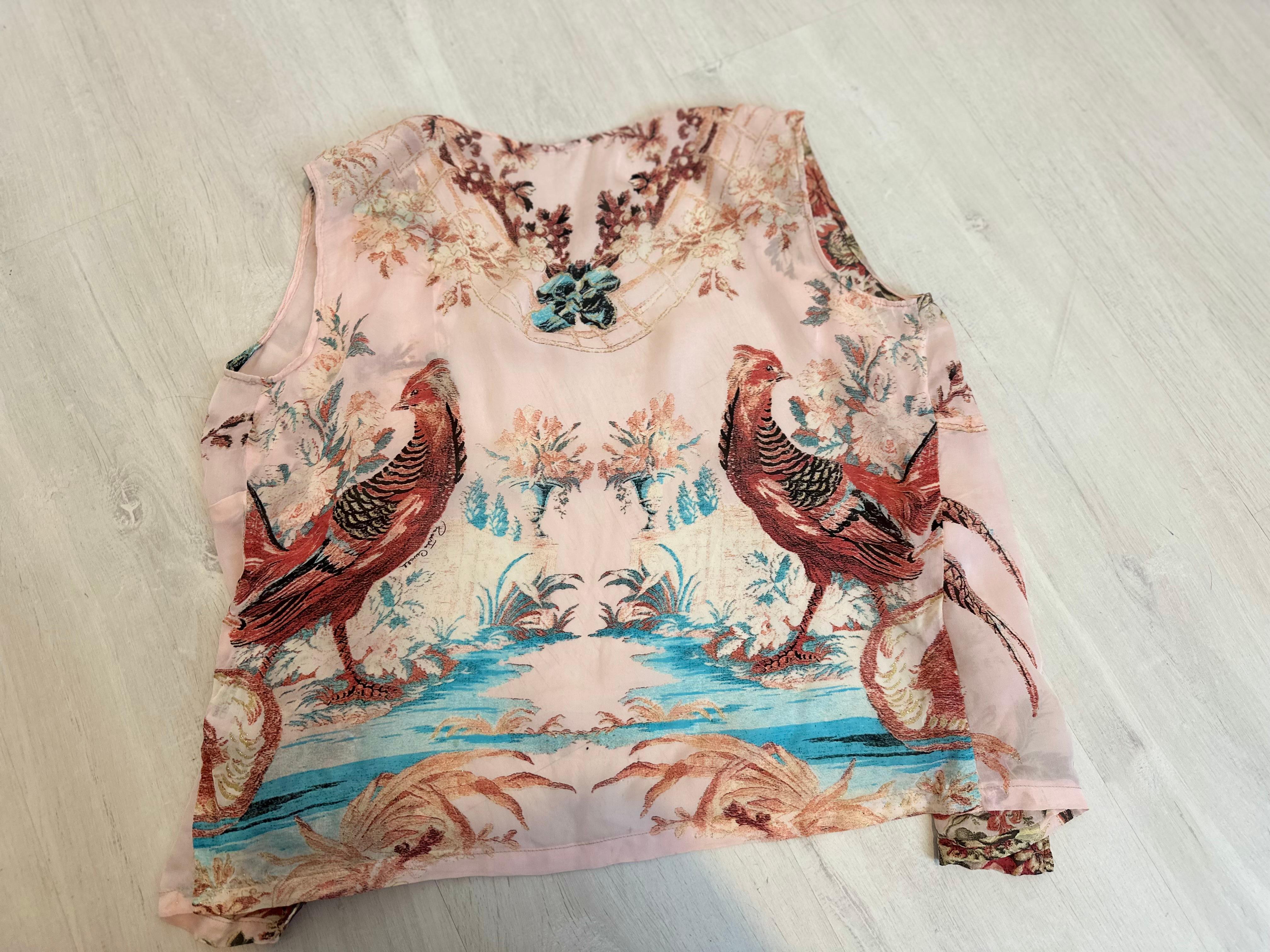 Roberto Cavalli 2003 Pheasant print pink silk skirt and top set For Sale 6