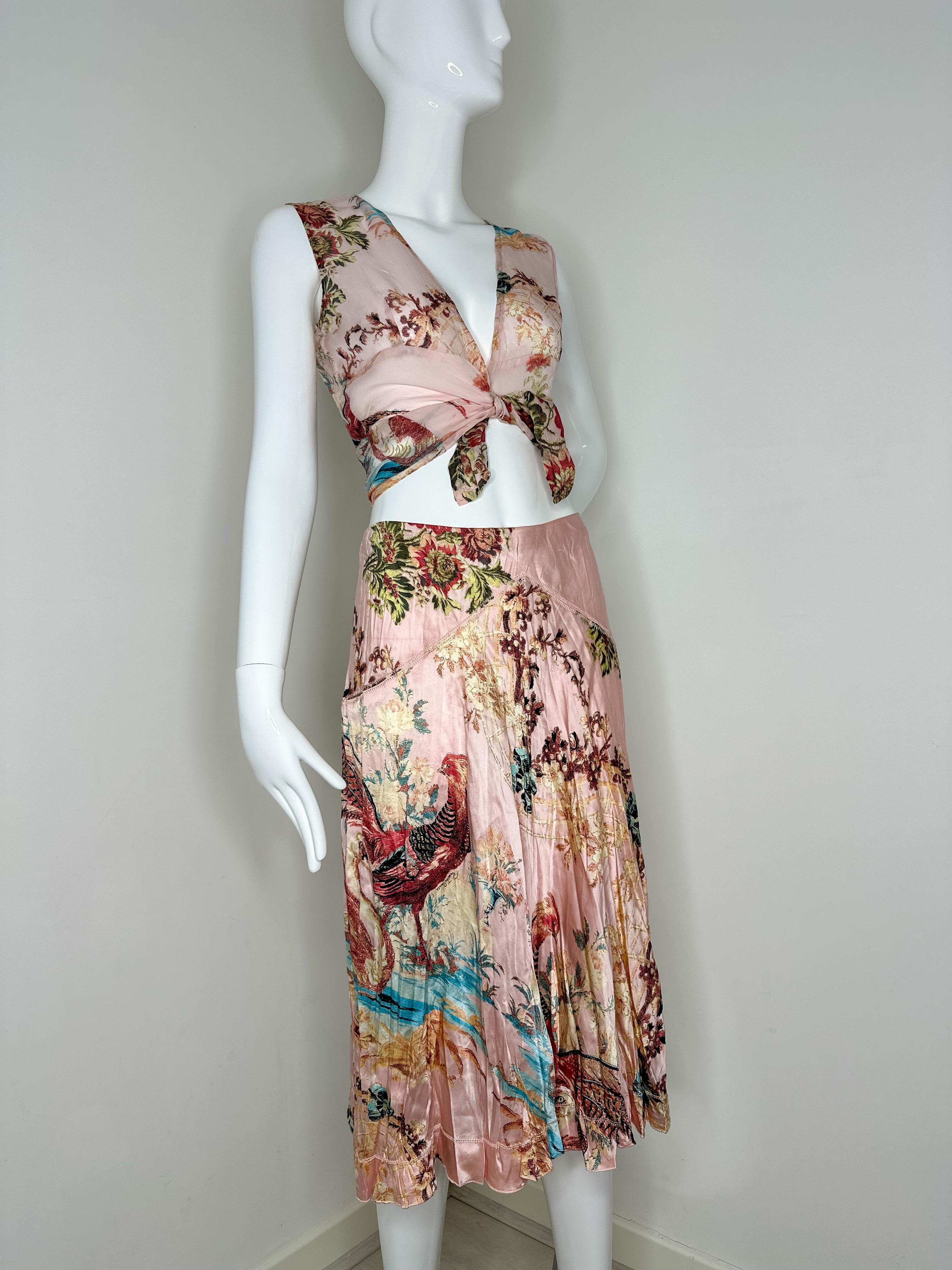 Roberto Cavalli 2003 pheasant print pink silk blouse and midi skirt set 

PLEASE NOTE: the skirt was altered to fit smaller. The size tag is M however it fits like S. 
Approx. flat measurements
Waist: 13 inches (there is elastic band give take 1