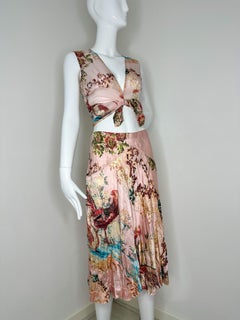 Roberto Cavalli 2003 Pheasant print pink silk skirt and top set