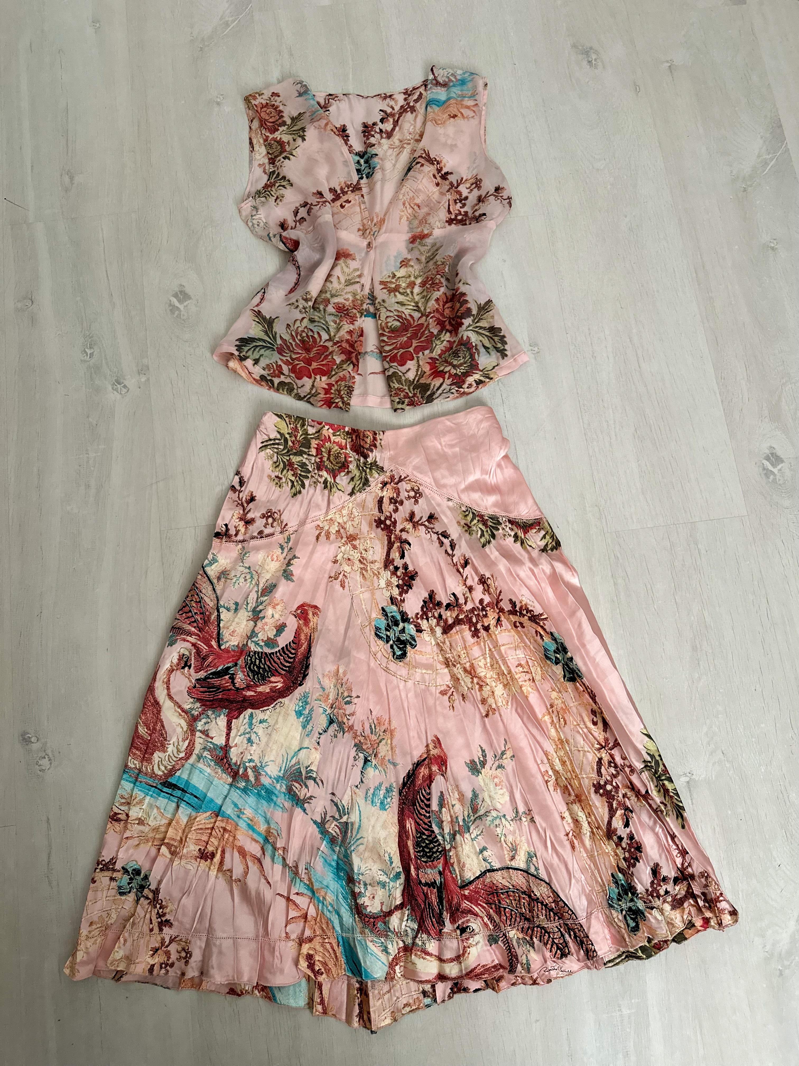 Roberto Cavalli 2003 Pheasant print pink silk skirt and top set For Sale 2
