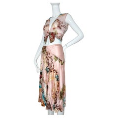 Roberto Cavalli 2003 Pheasant print pink silk skirt and top set
