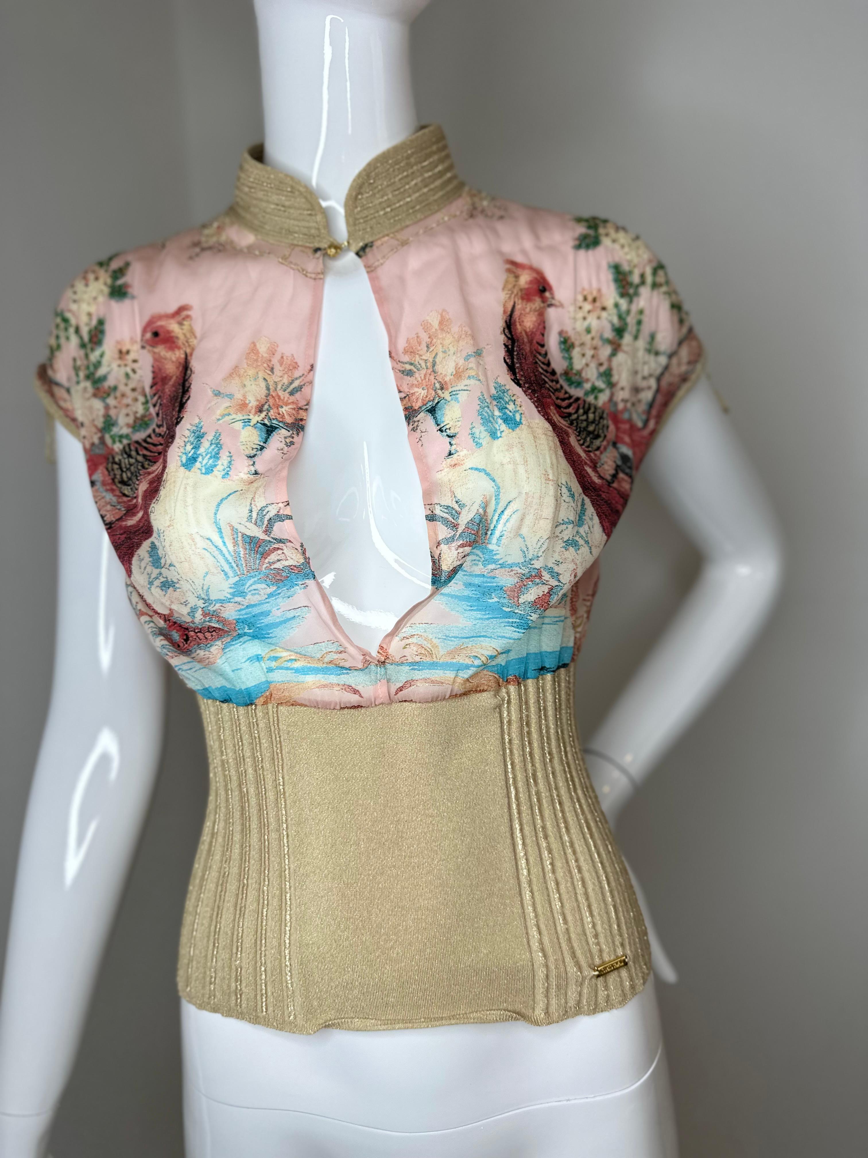 Roberto Cavalli 2003 silk beaded pheasant print blouse 2