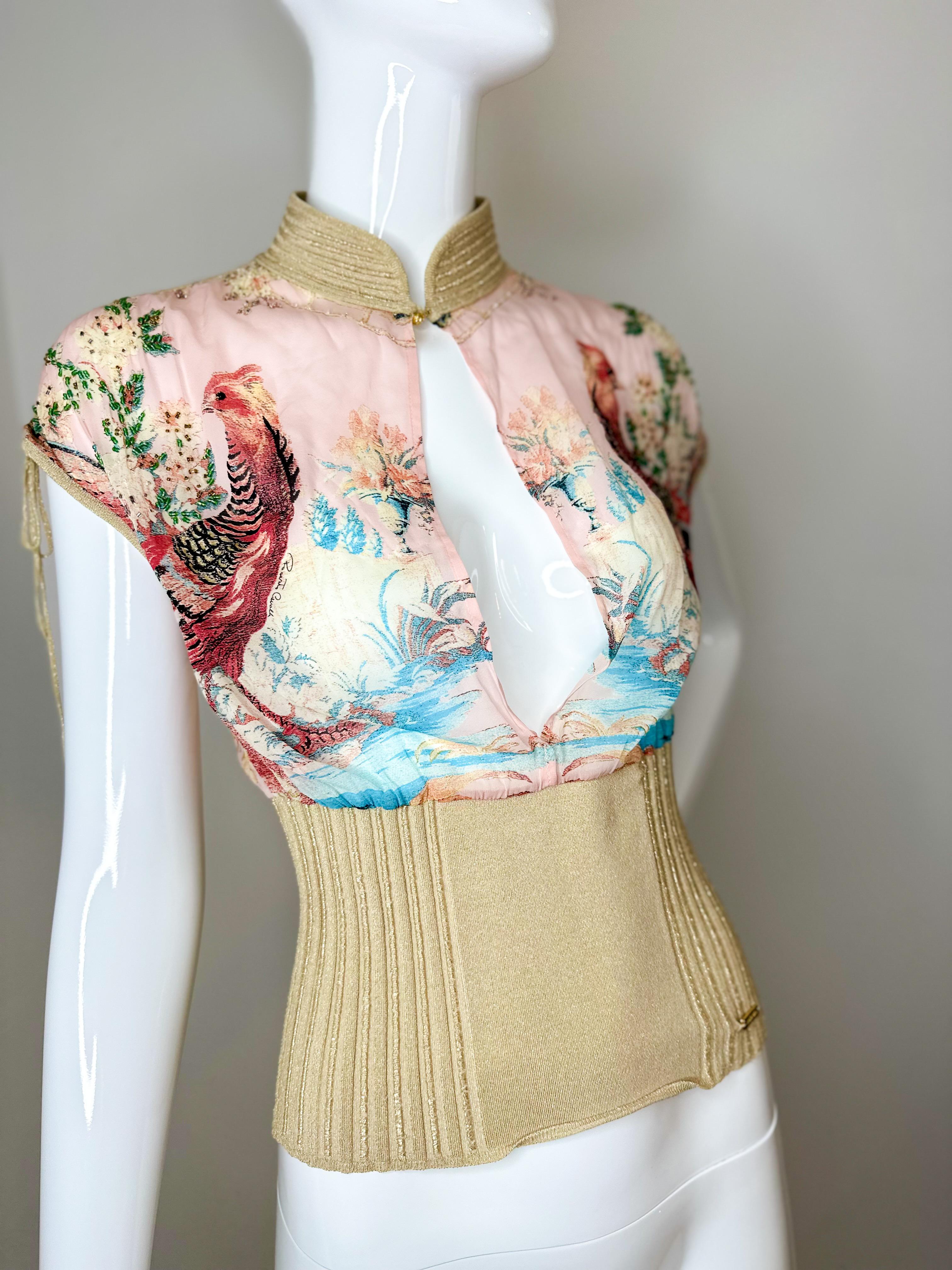 Roberto Cavalli 2003 silk pheasant print top and maxi skirt set In Good Condition In North Miami, FL