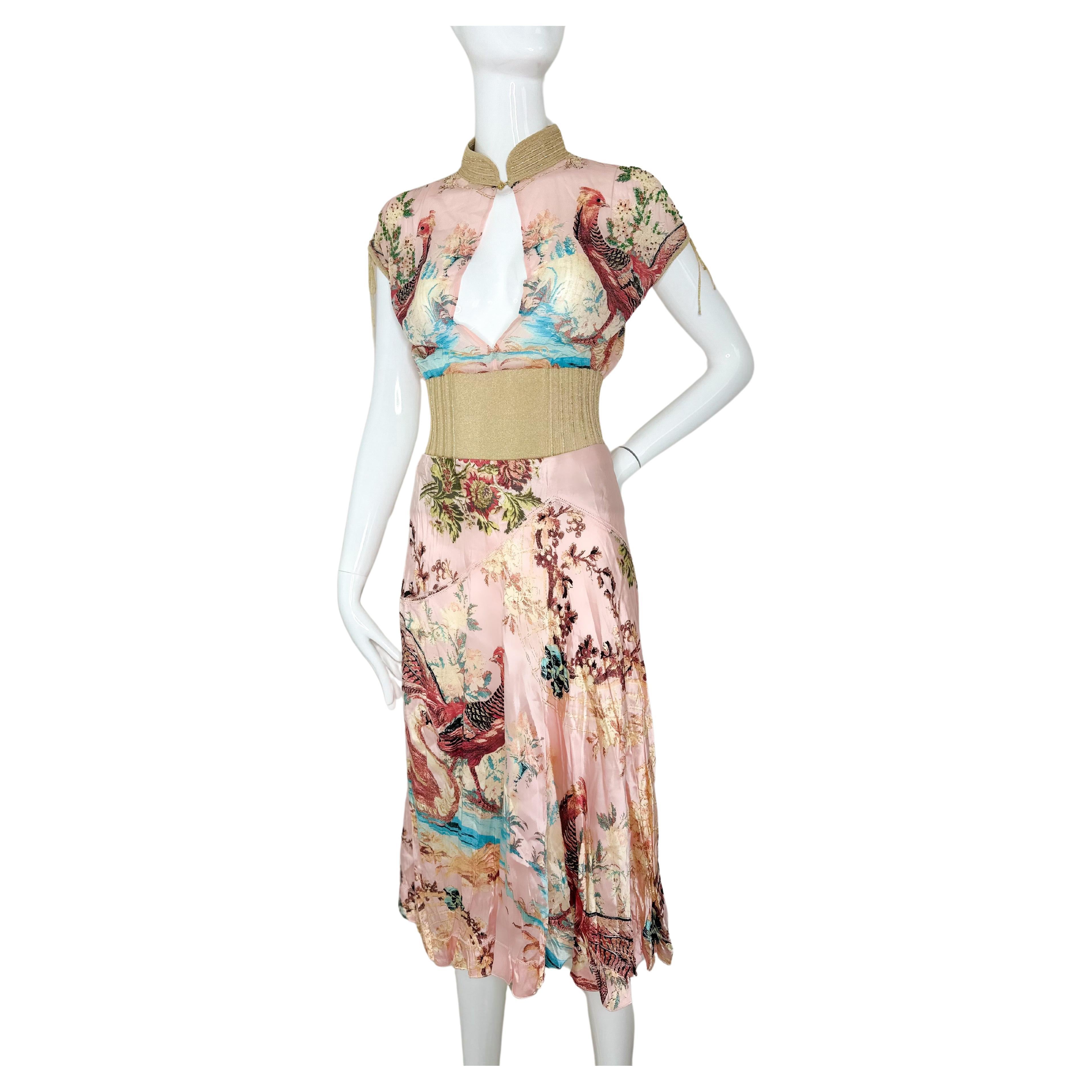 Roberto Cavalli 2003 silk pheasant skirt and top For Sale