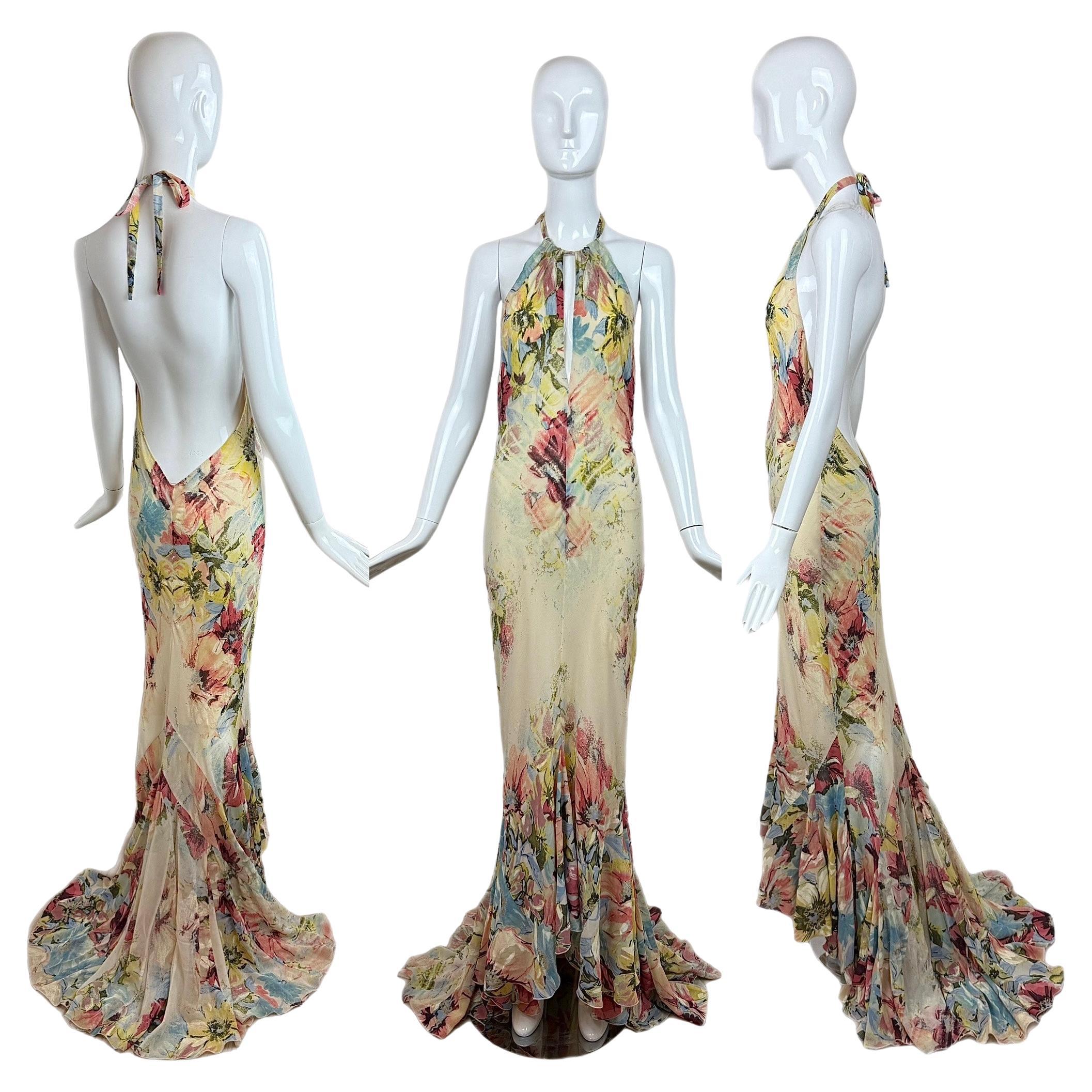 ROBERTO CAVALLI 2003 Vintage Silk Floral Print Mermaid Spanish Backless Gown