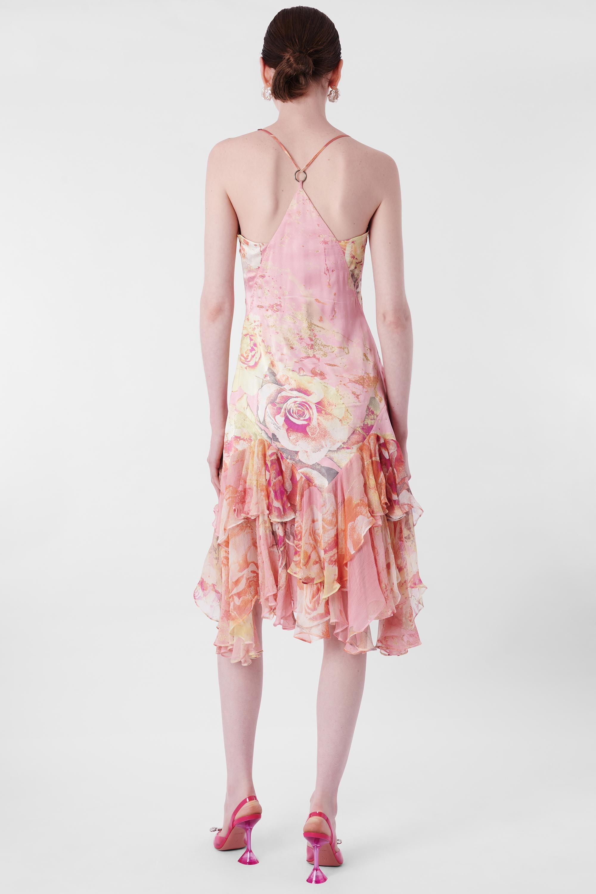 Roberto Cavalli 2004 Pink Floral Ruffled Silk Dress In Good Condition In London, GB