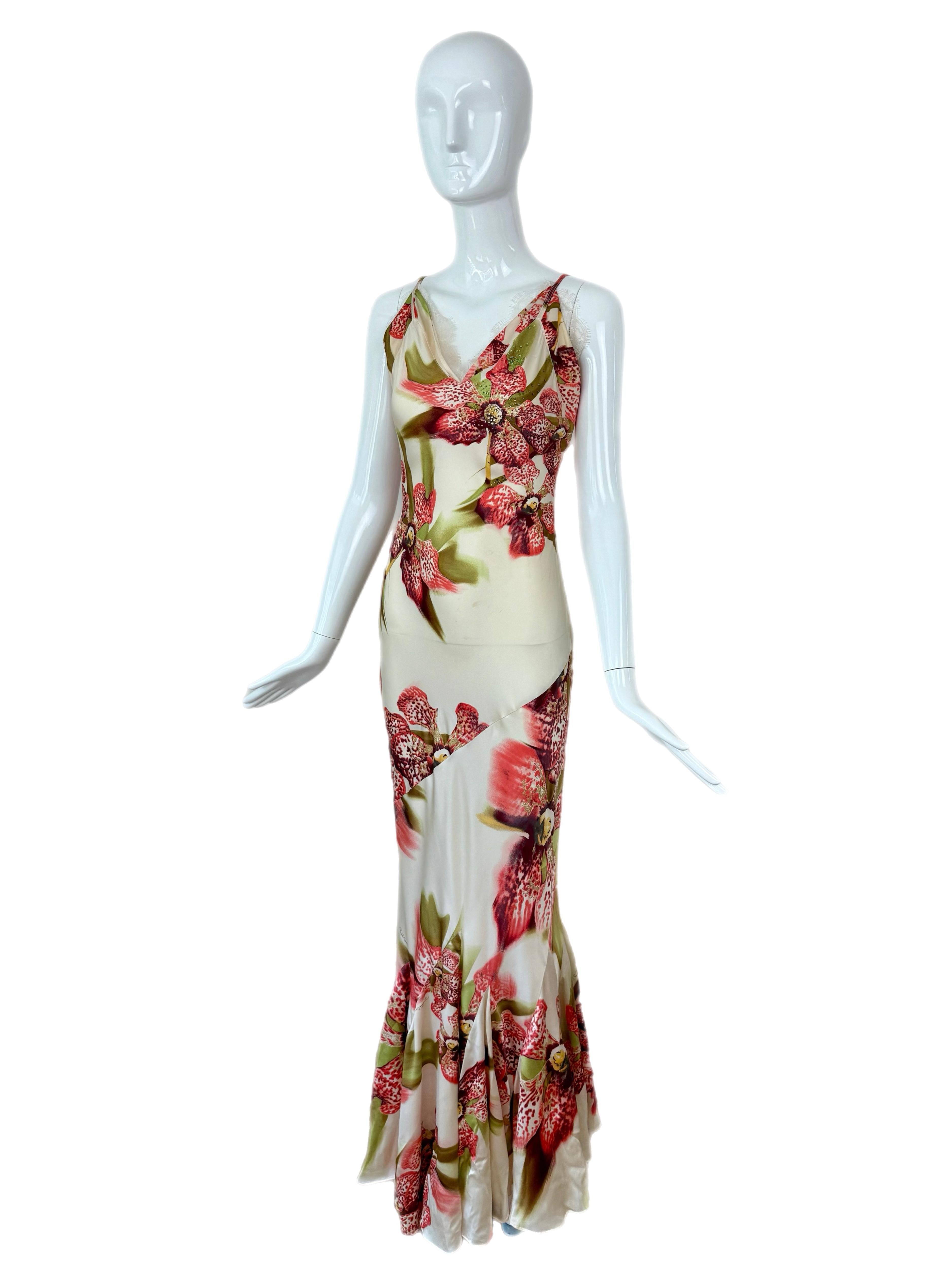 ROBERTO CAVALLI 2004 Vintage-Kleid aus Seide mit Blumenverzierung Damen im Angebot