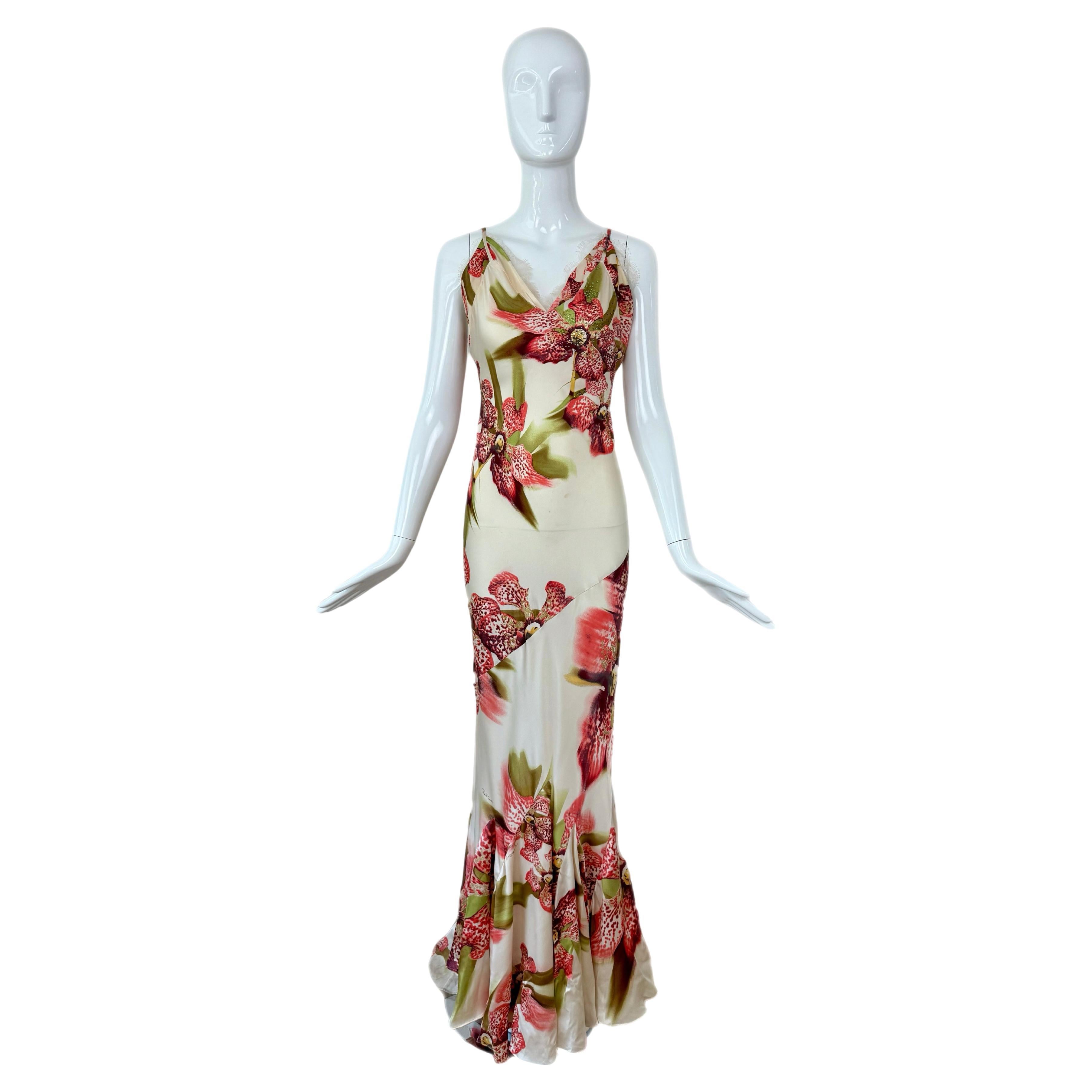 ROBERTO CAVALLI 2004 Abito vintage in seta con decorazioni floreali