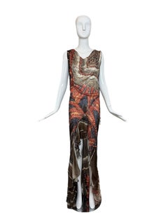 ROBERTO CAVALLI 2004 Vintage Silk Ruffle Charm Long Gown w. Slit Feather Print