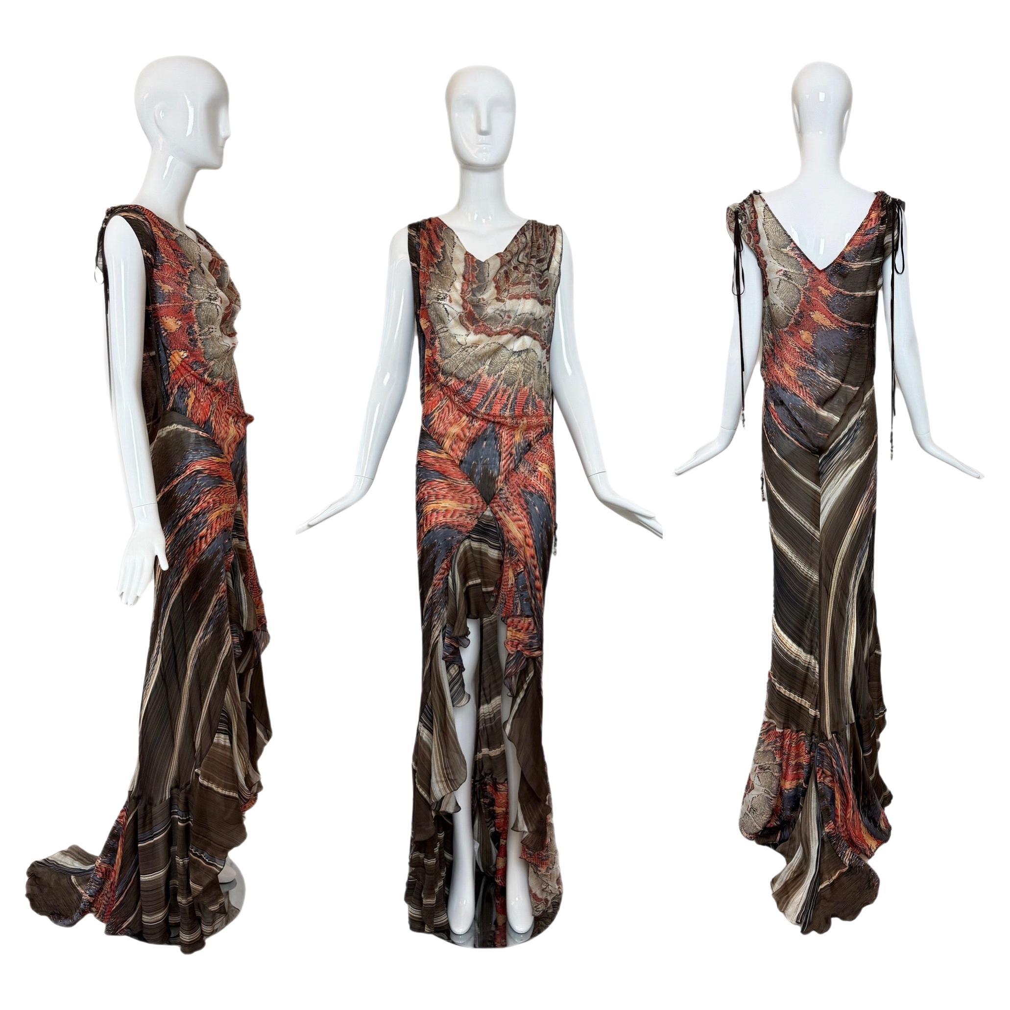 ROBERTO CAVALLI 2004 Vintage Silk Ruffle Charm Long Gown w. Slit Feather Print For Sale