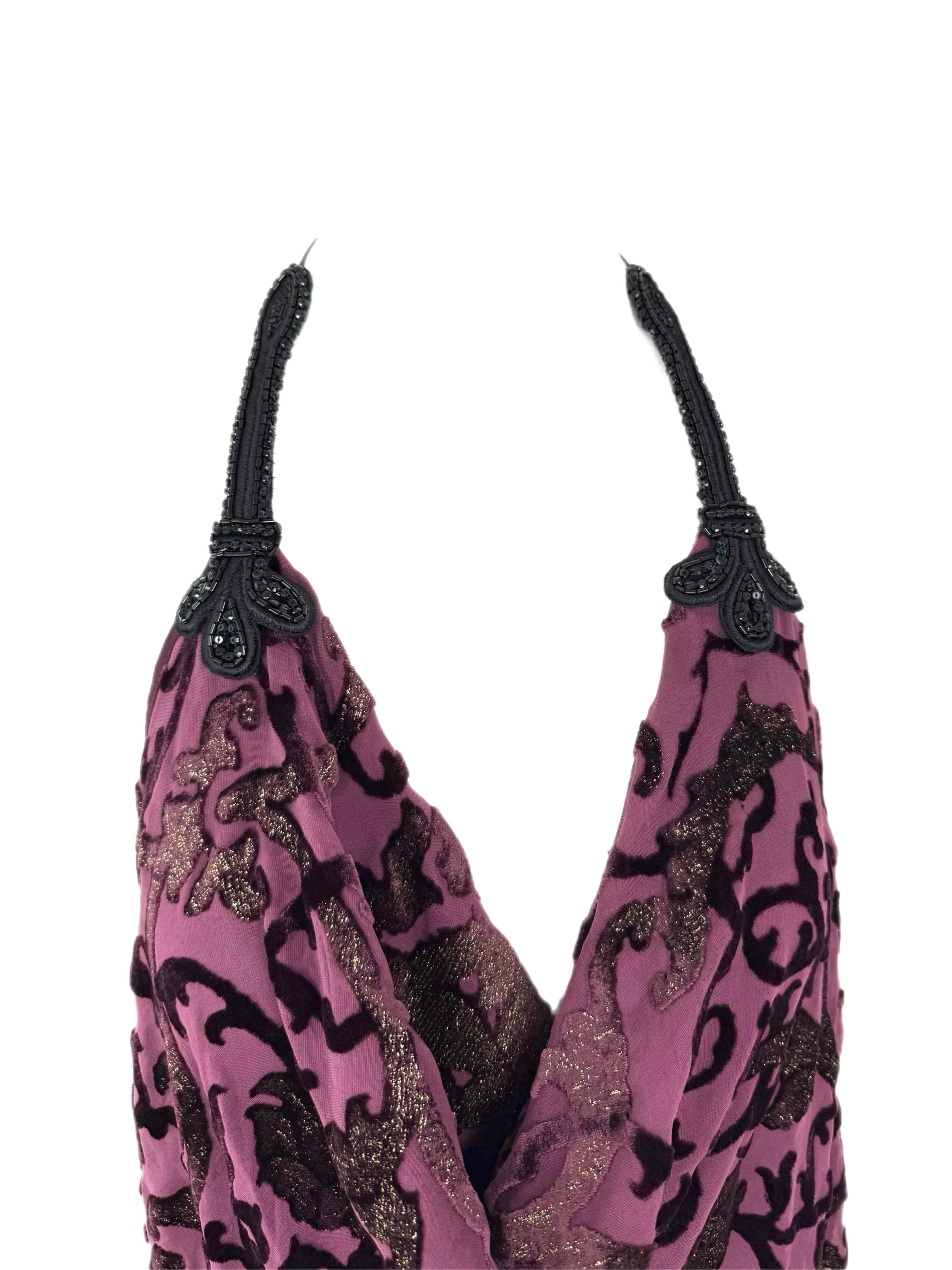 Roberto Cavalli 
FW04
Vintage
Runway Style
Plum purple with black beaded neck and gold shimmer throughout
Adjustable halter top
Weighted deep cowl neck
Pullover
Size Medium
NWT's, no flaws
Hard to measure but measurements in inches laying flat: