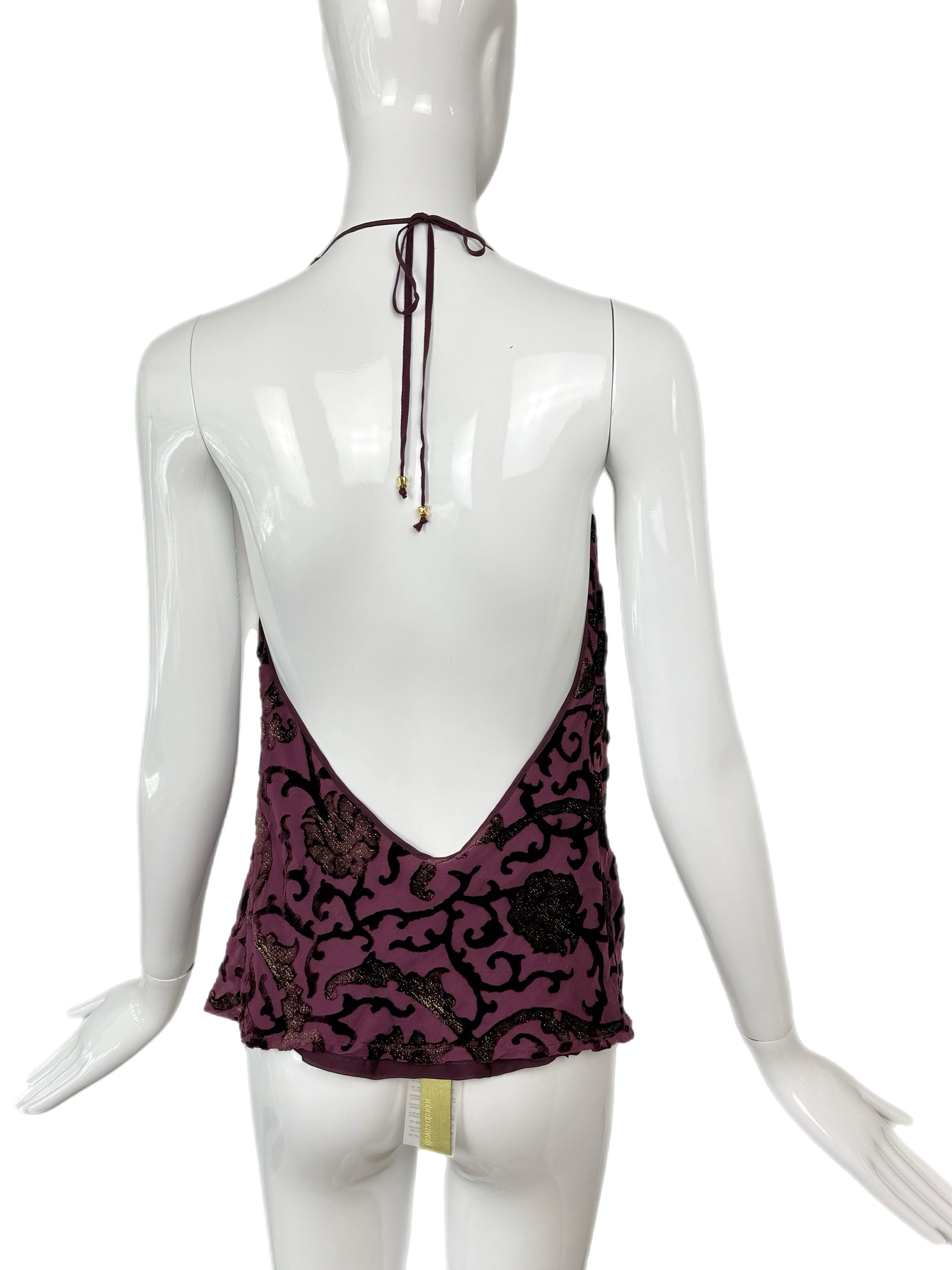 Women's ROBERTO CAVALLI 2004 Vintage Silk + Velvet Beaded Halter Top Backless For Sale