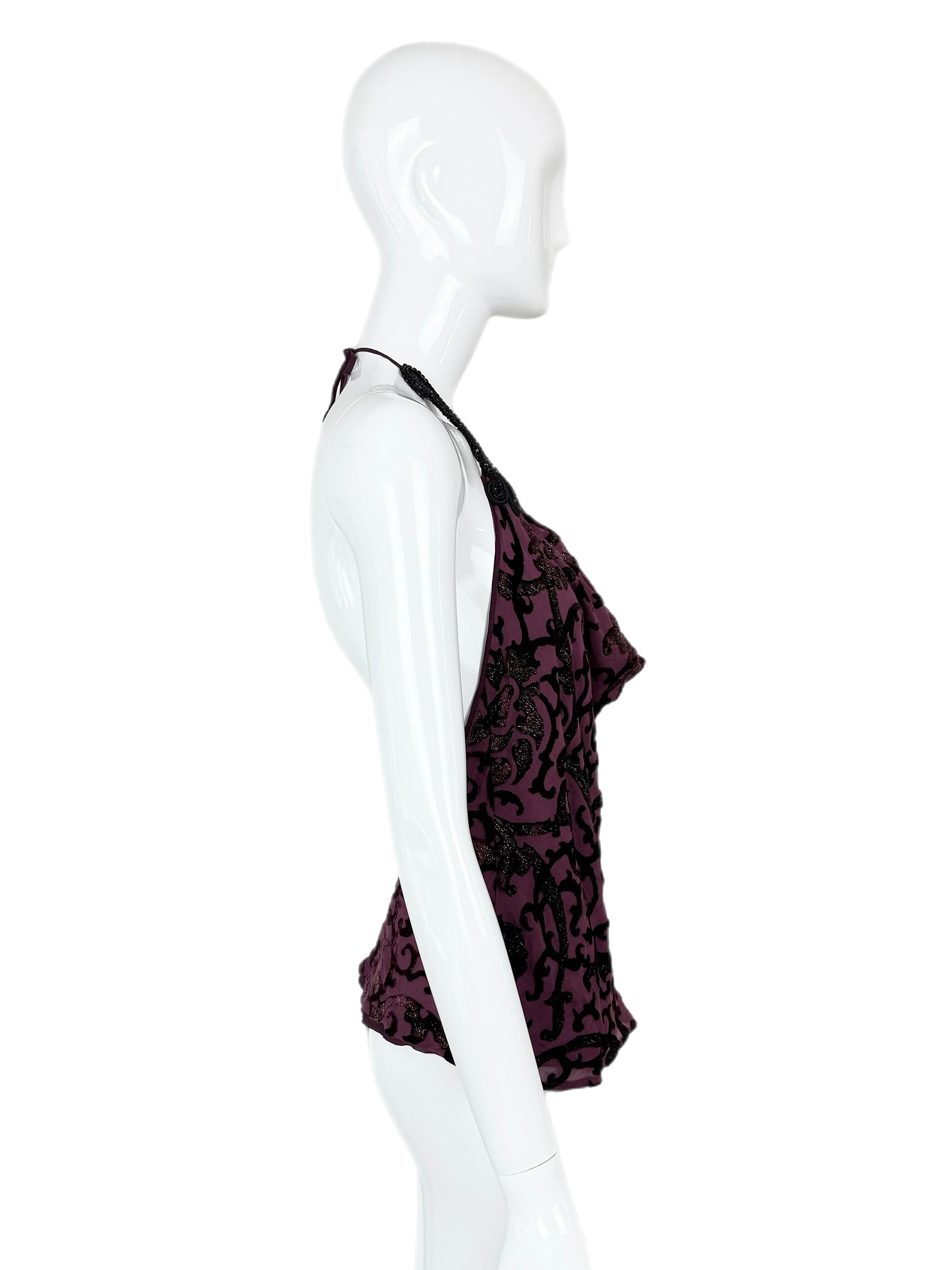 ROBERTO CAVALLI 2004 Vintage Silk + Velvet Beaded Halter Top Backless For Sale 1