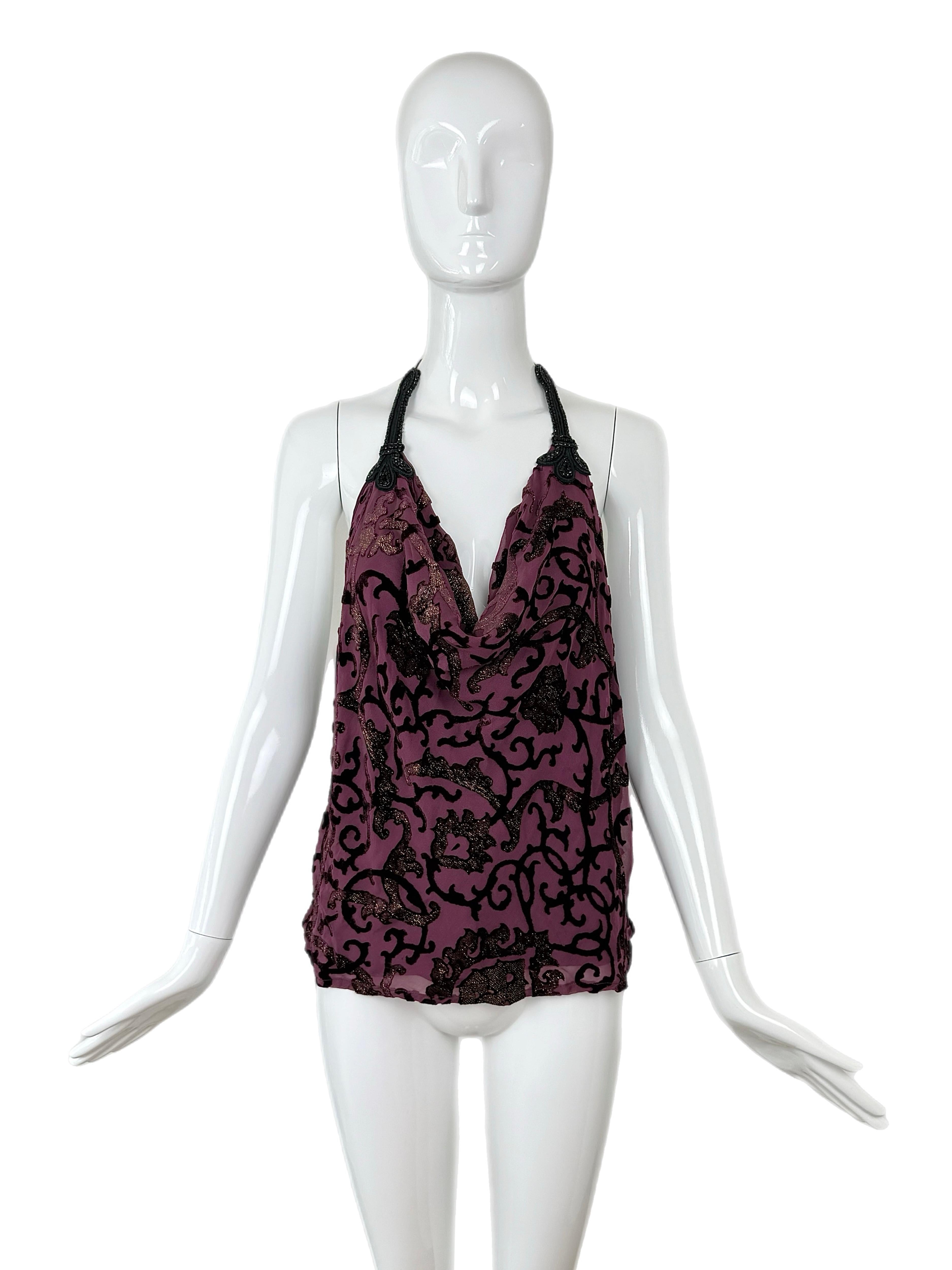 ROBERTO CAVALLI 2004 Vintage Silk + Velvet Beaded Halter Top Backless For Sale 2
