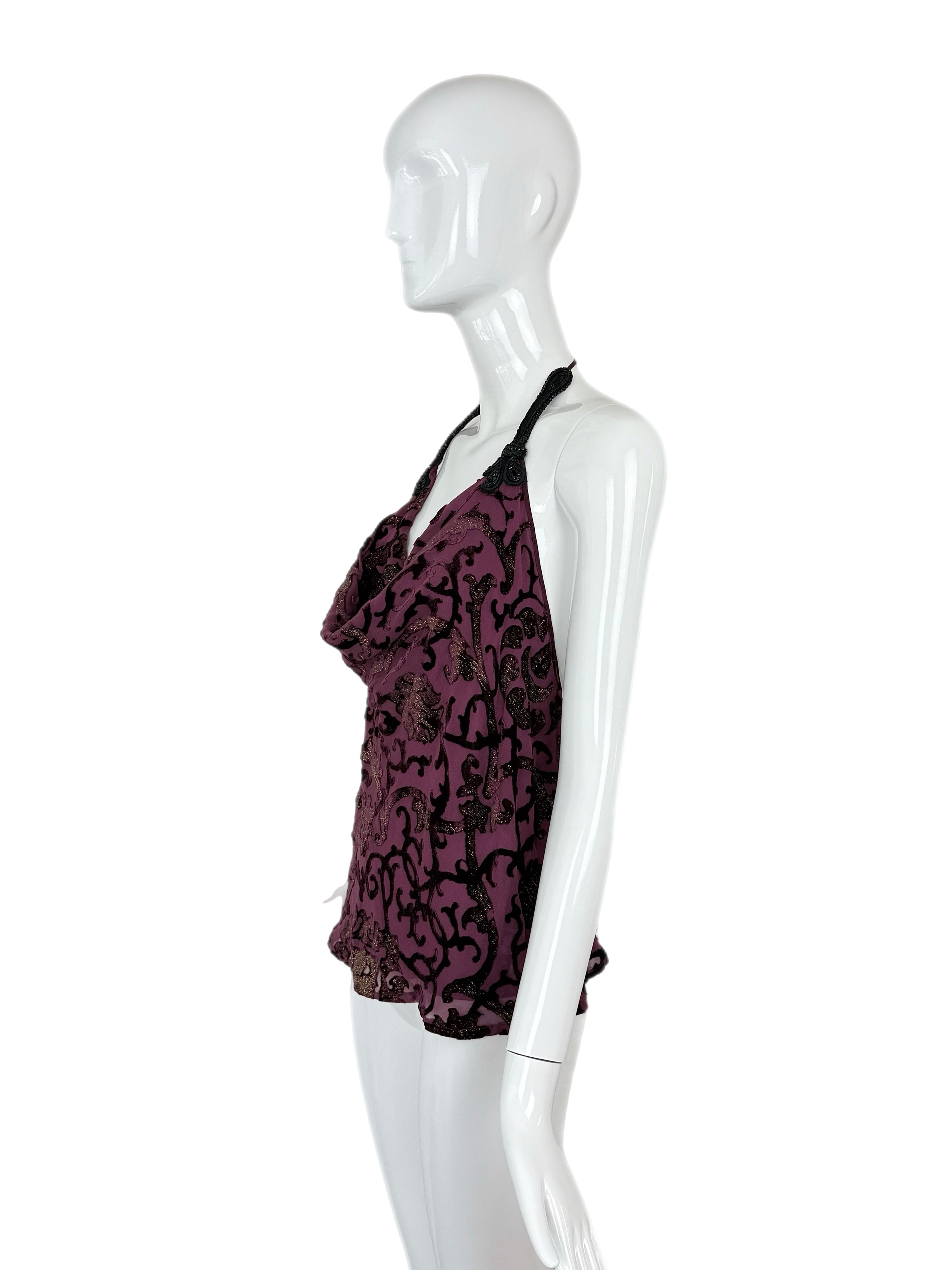 ROBERTO CAVALLI 2004 Vintage Silk + Velvet Beaded Halter Top Backless For Sale 3
