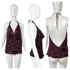 ROBERTO CAVALLI 2004 Vintage Silk + Velvet Beaded Halter Top Backless