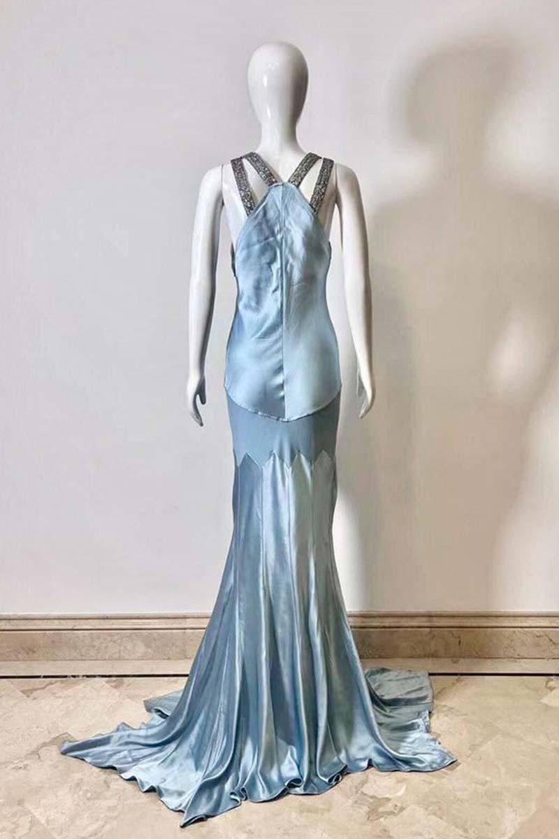 Vintage Roberto Cavalli  2005 baby blue silk gown. Features a V-neck neckline. Four embellished rhinestone straps and a mermaid shape. In excellent condition.

Brand: Roberto Cavalli
Size: UK 10
Color: Multi
Tag Size: S
Modern Size: UK: 8-10, US:
