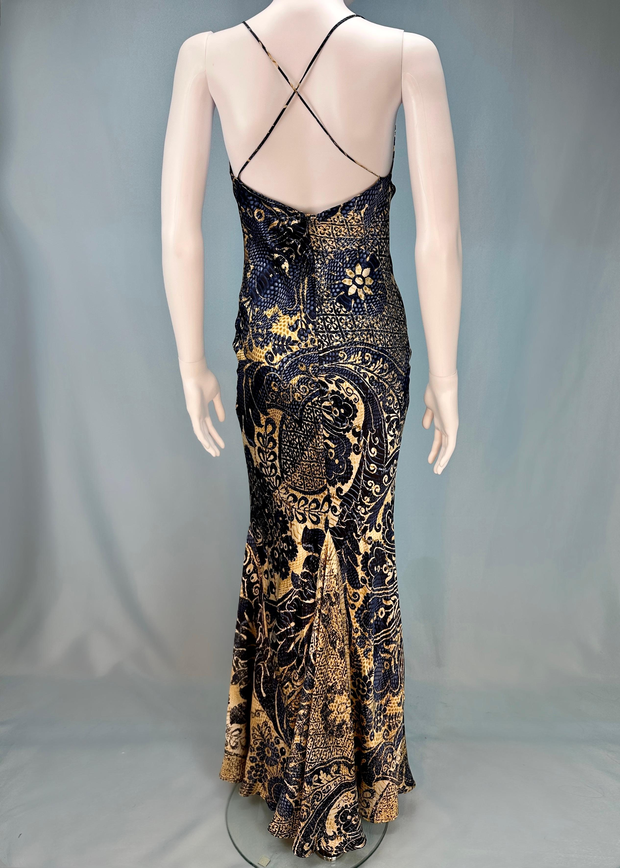 Roberto Cavalli
2005
Navy blue & beige pattern silk maxi dress
Cross back straps 
Slight train at the back
100% silk 
Bias cut 
Size IT 42 / UK 10 / US 6 

Measurements - 
Waist 27-30
Hips 34-42”
Length 54” from front (excluding straps)
Length 57”