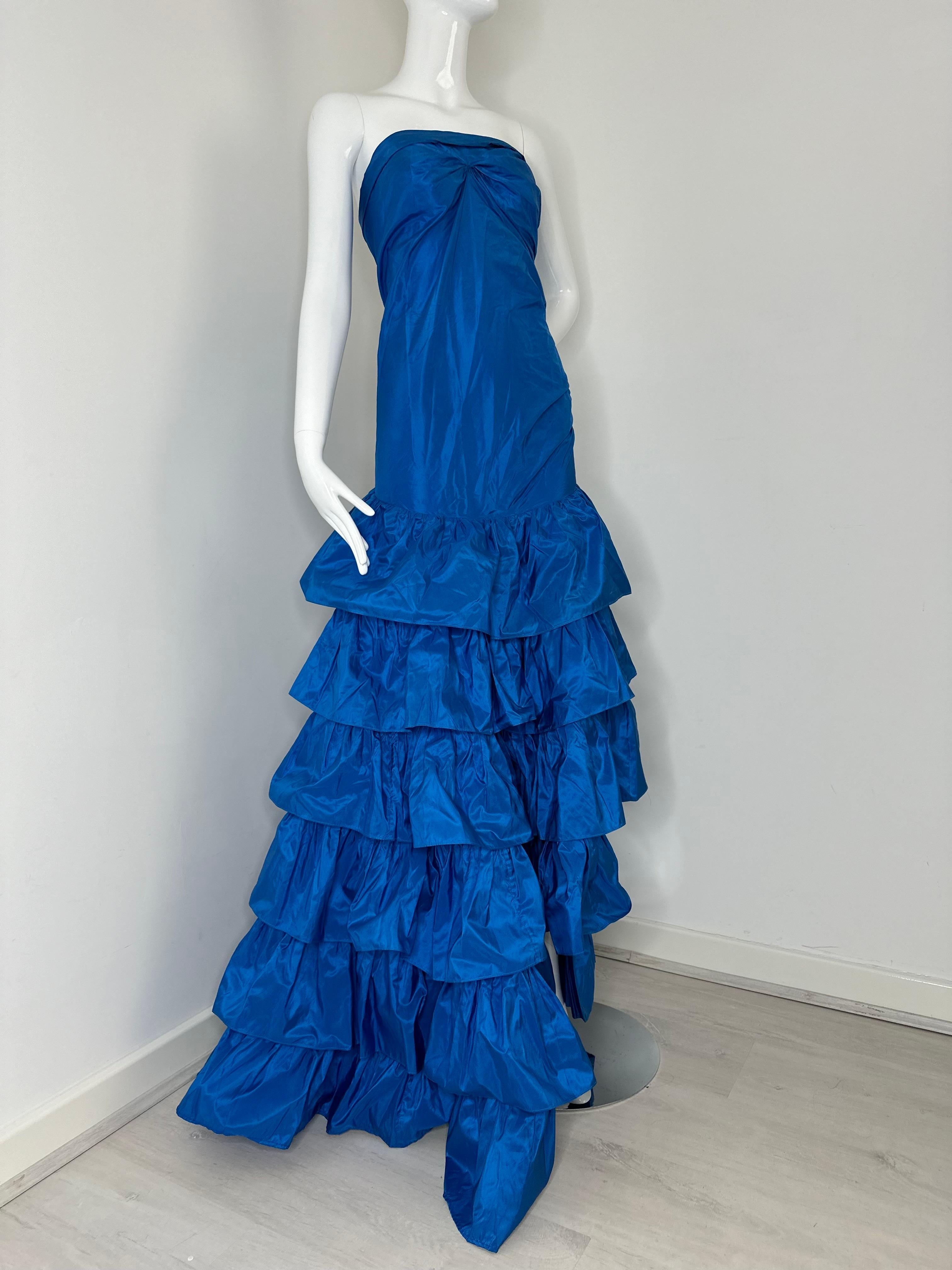 Roberto Cavalli 2005 blue ruffle maxi gown dress For Sale 2