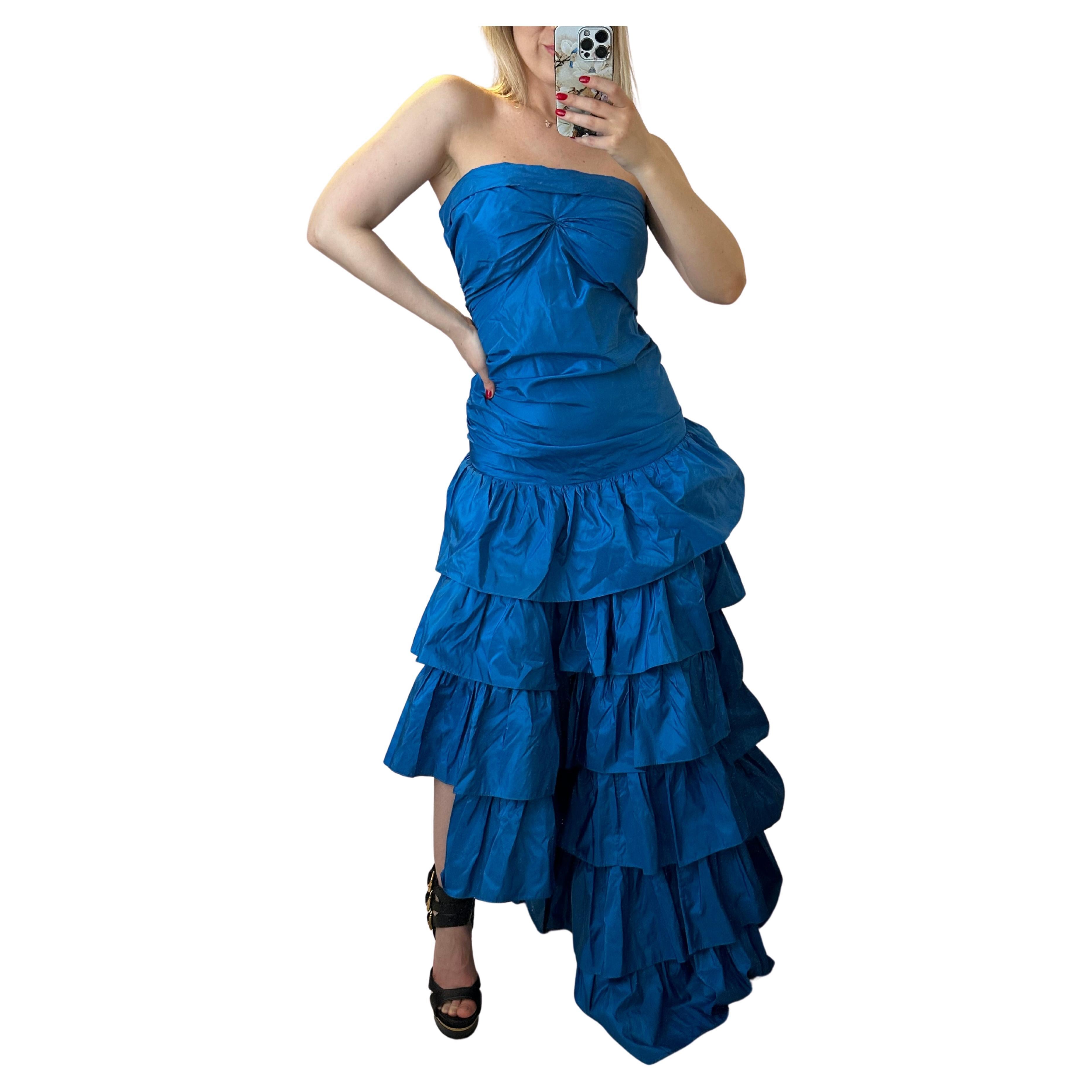 Roberto Cavalli 2005 blue ruffle maxi gown dress For Sale