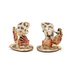 Roberto Cavalli 2005 Seashell & Pearl Embellished Animal Print Heels