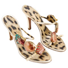 Roberto Cavalli 2005 Seashell & Pearl Embellished Animal Print Heels