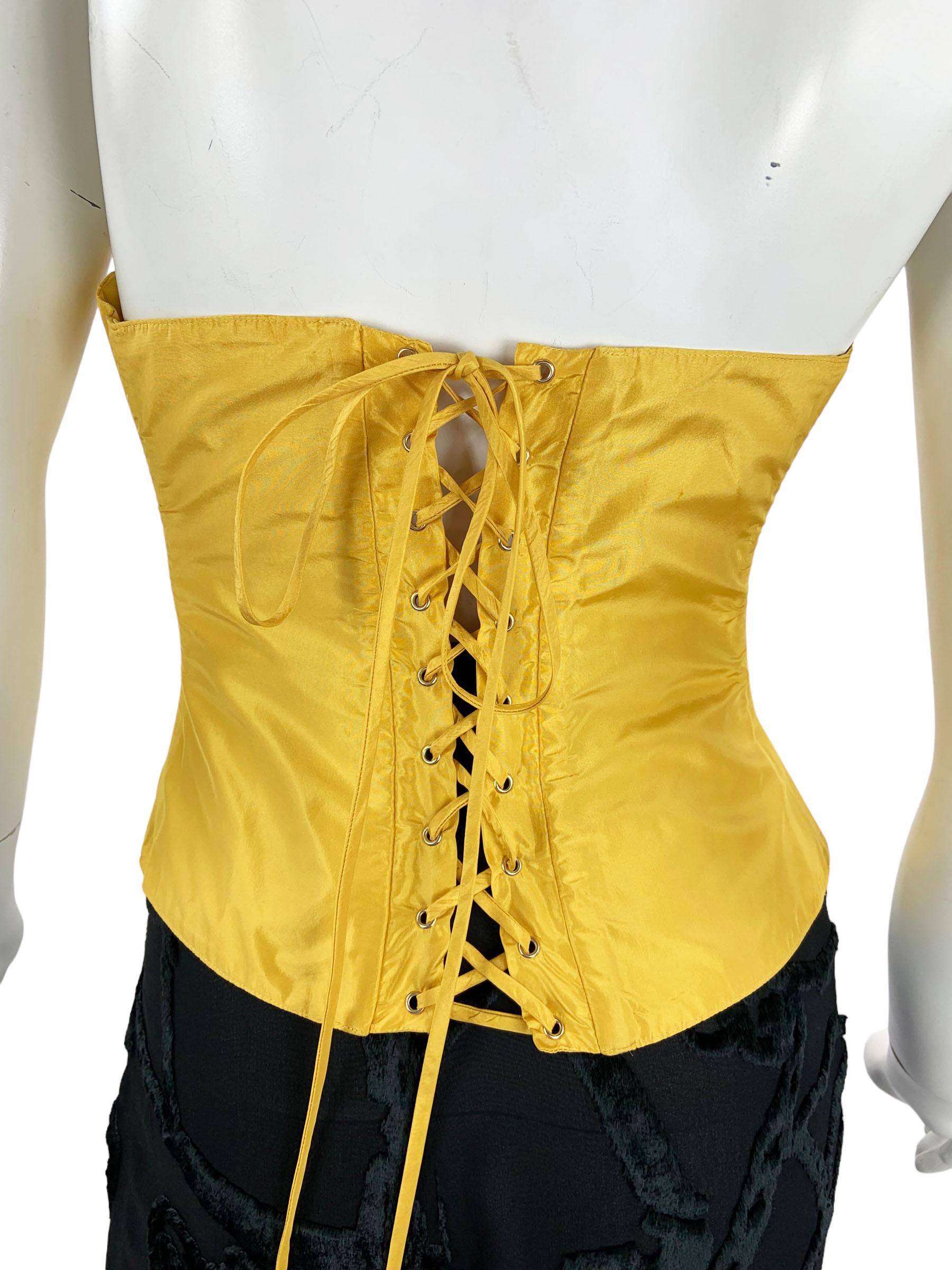 Beige Roberto Cavalli 2005 Taffeta Silk Yellow Strapless Lace Up Corset Top Italian M For Sale