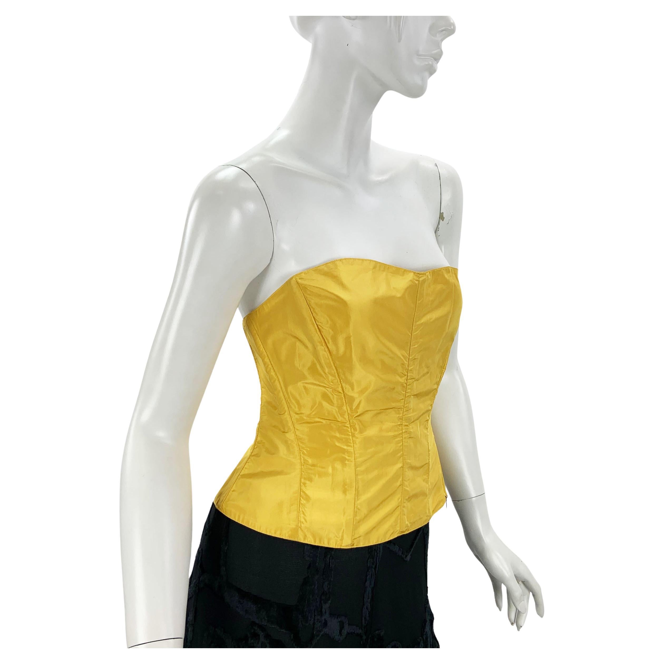 Roberto Cavalli 2005 Taffeta Silk Yellow Strapless Lace Up Corset Top Italian M For Sale