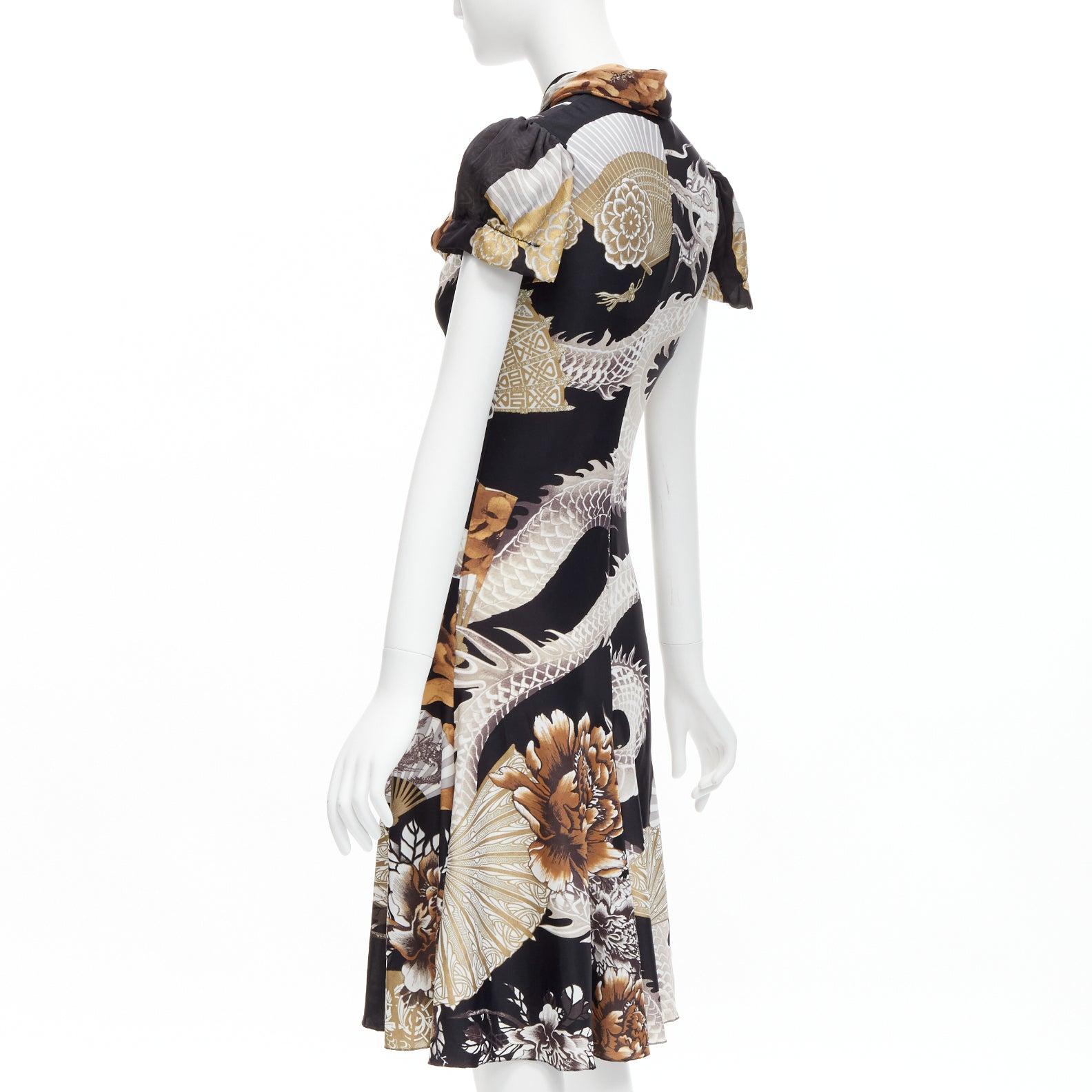 ROBERTO CAVALLI 2005 Vintage dragon oriental print silk neck qipao dress IT42 M For Sale 2