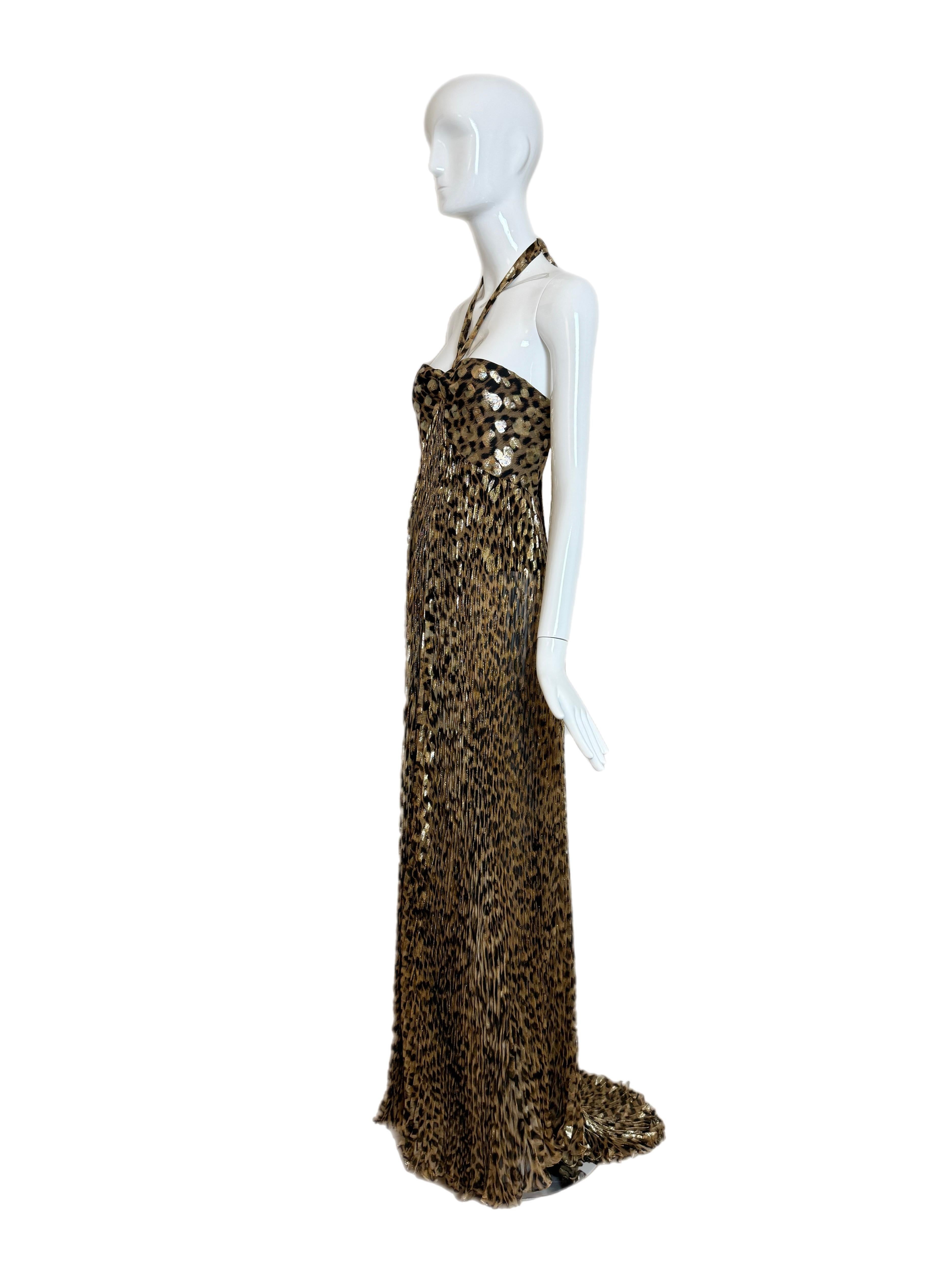 ROBERTO Cavalli 2005 Vintage Runway Leopard Plissé Robe de soirée Maxi Dress Excellent état - En vente à Leonardo, NJ