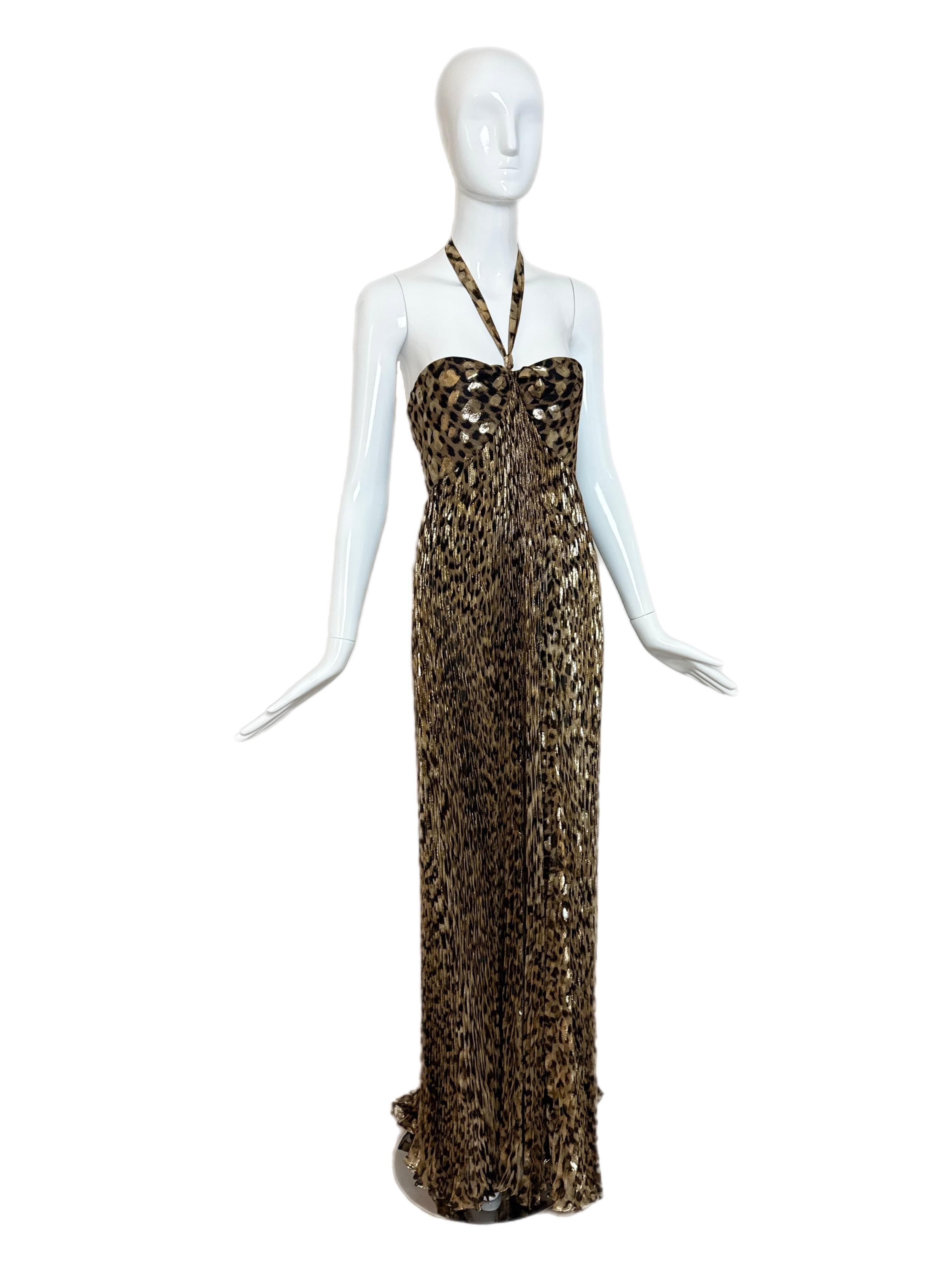 ROBERTO Cavalli 2005 Vintage Runway Leopard Plissé Robe de soirée Maxi Dress Pour femmes en vente