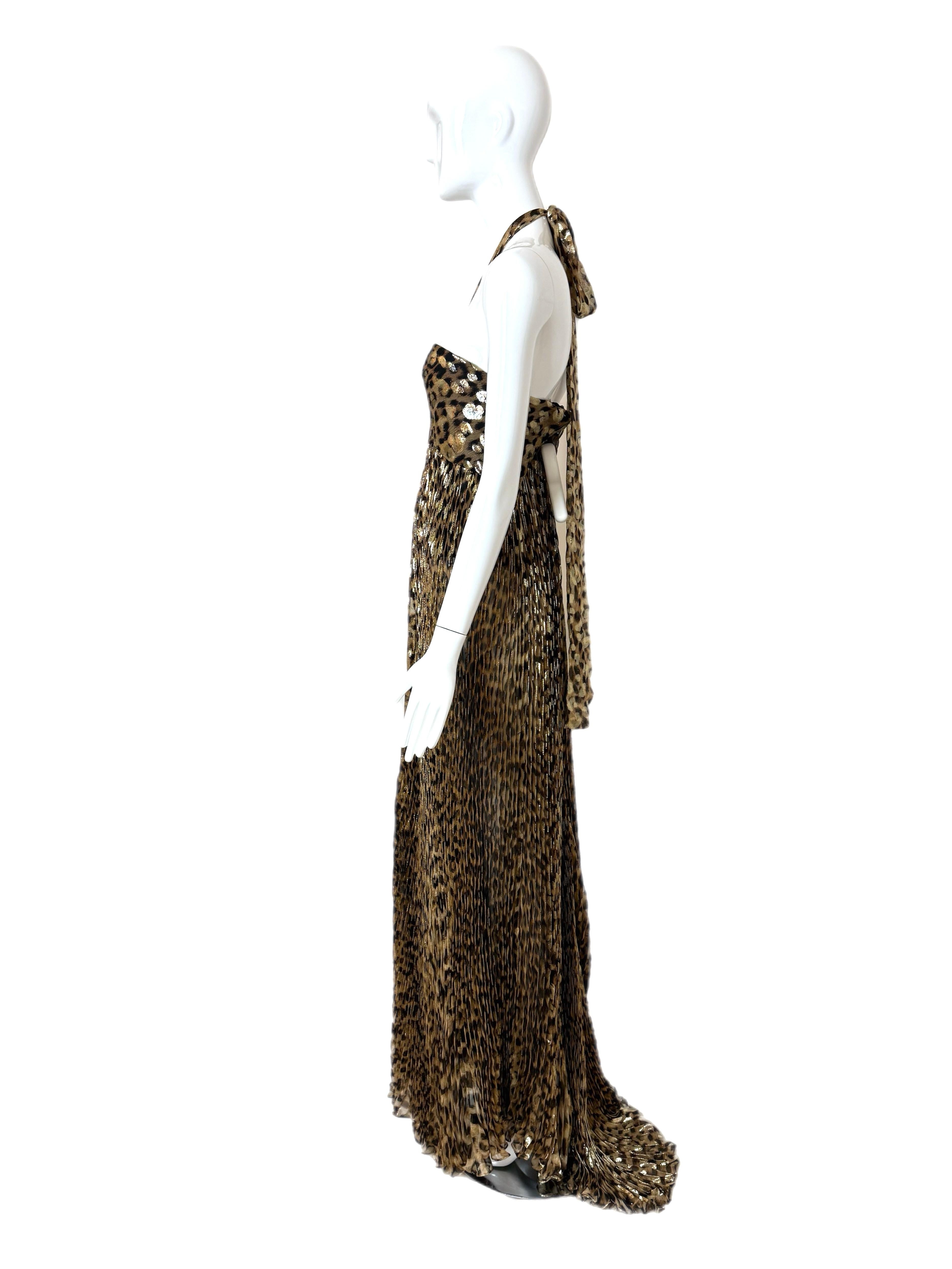 ROBERTO Cavalli 2005 Vintage Runway Leopard Plissé Robe de soirée Maxi Dress en vente 1