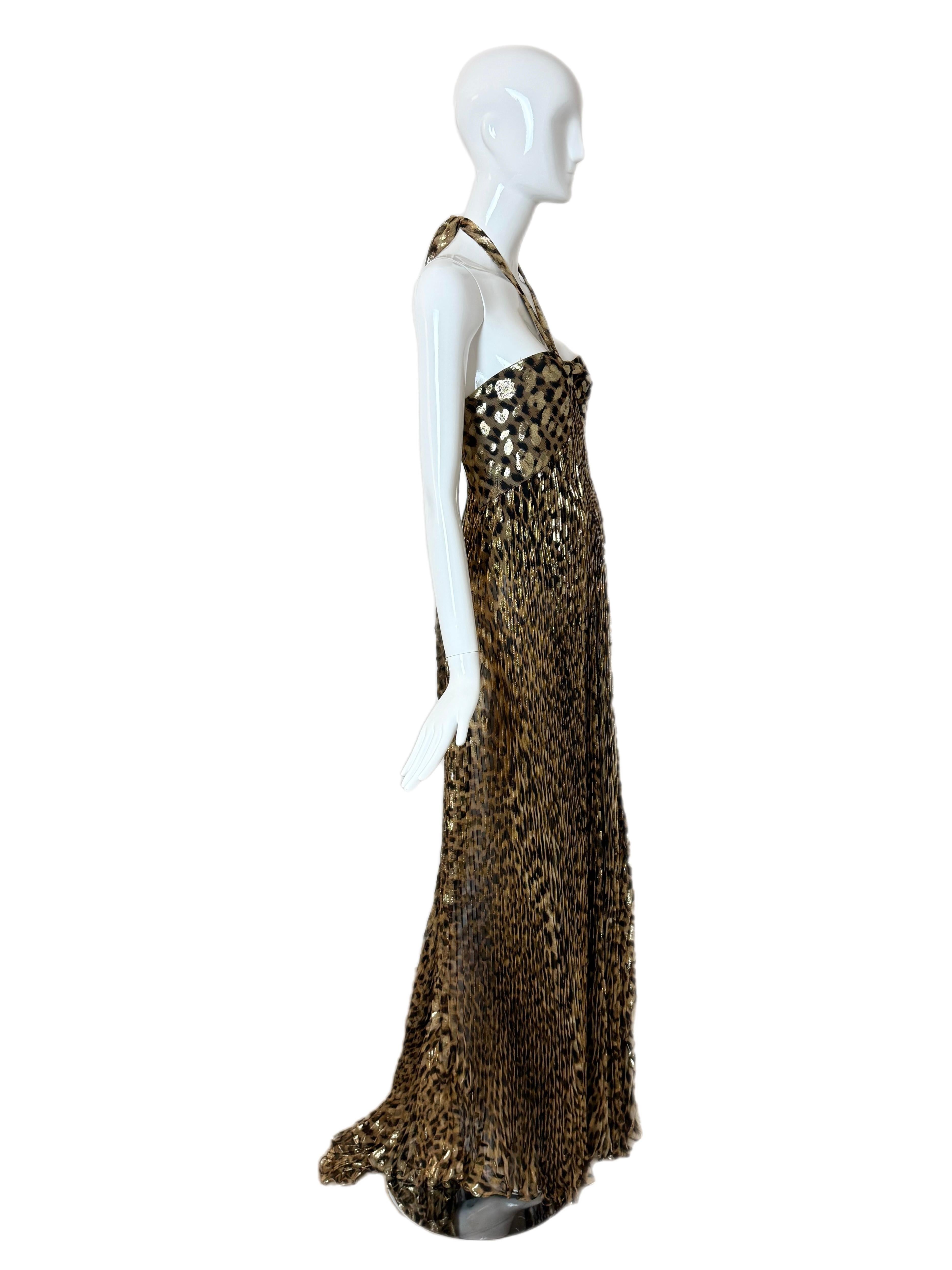 ROBERTO Cavalli 2005 Vintage Runway Leopard Plissé Robe de soirée Maxi Dress en vente 3