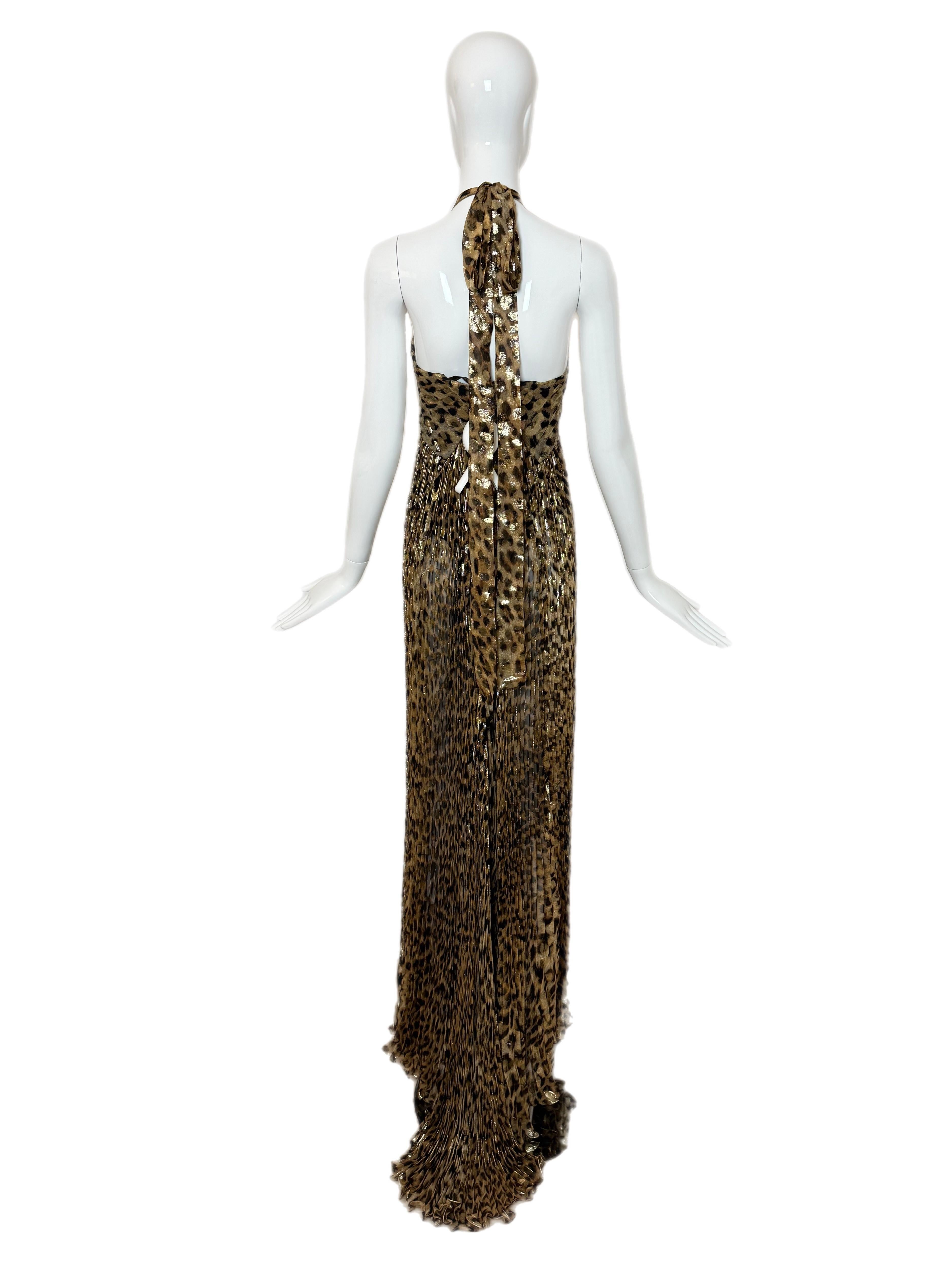 ROBERTO Cavalli 2005 Vintage Runway Leopard Plissé Robe de soirée Maxi Dress en vente 4