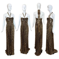 ROBERTO CAVALLI 2005 Vintage Runway Leopard Pleated Evening Gown Maxi Dress