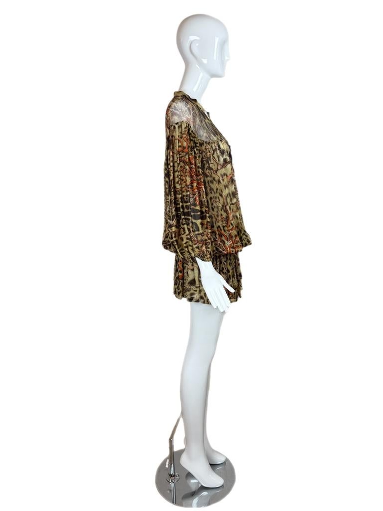 ROBERTO CAVALLI 2005 Vintage Seiden-Laufsteg-Minikleid Koralle Leopard Damen im Angebot