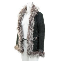 Roberto Cavalli 2006 Black Suede and Silver Fox Fur Shearling Jacket size 42