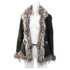 Roberto Cavalli 2006 Black Suede and Silver Fox Fur Shearling Jacket size 42