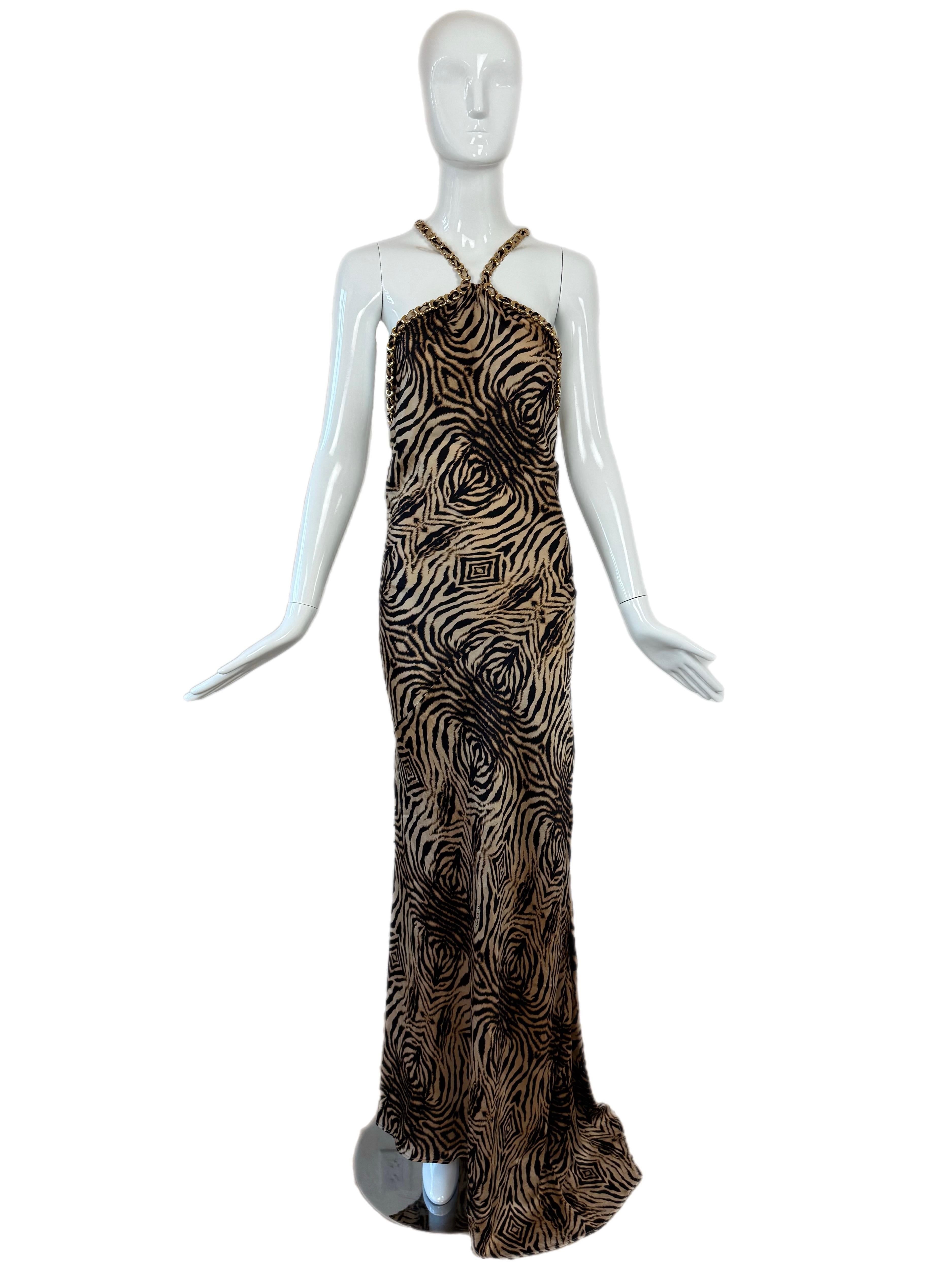 ROBERTO CAVALLI 2006 Bata vintage de seda con estampado animal y espalda. Cadenas Negro en venta
