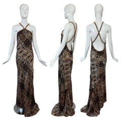 ROBERTO CAVALLI 2006 Vintage Backless Silk Animal Print Gown w. Chains