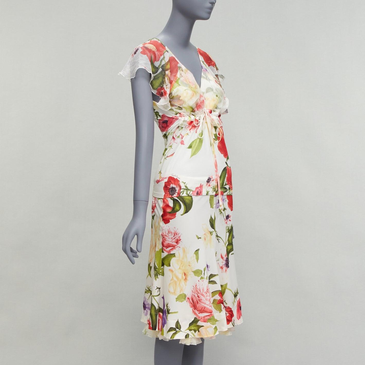 Gray ROBERTO CAVALLI 2006 Vintage red floral logo ruffle blouseIT44 L skirt IT42 M