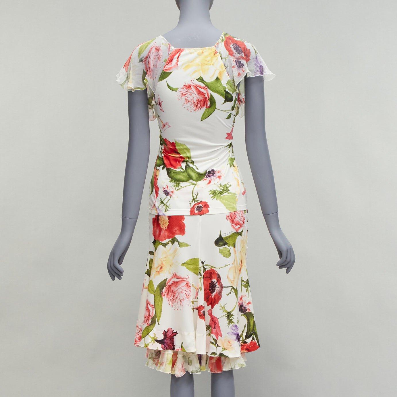 Women's ROBERTO CAVALLI 2006 Vintage red floral logo ruffle blouseIT44 L skirt IT42 M