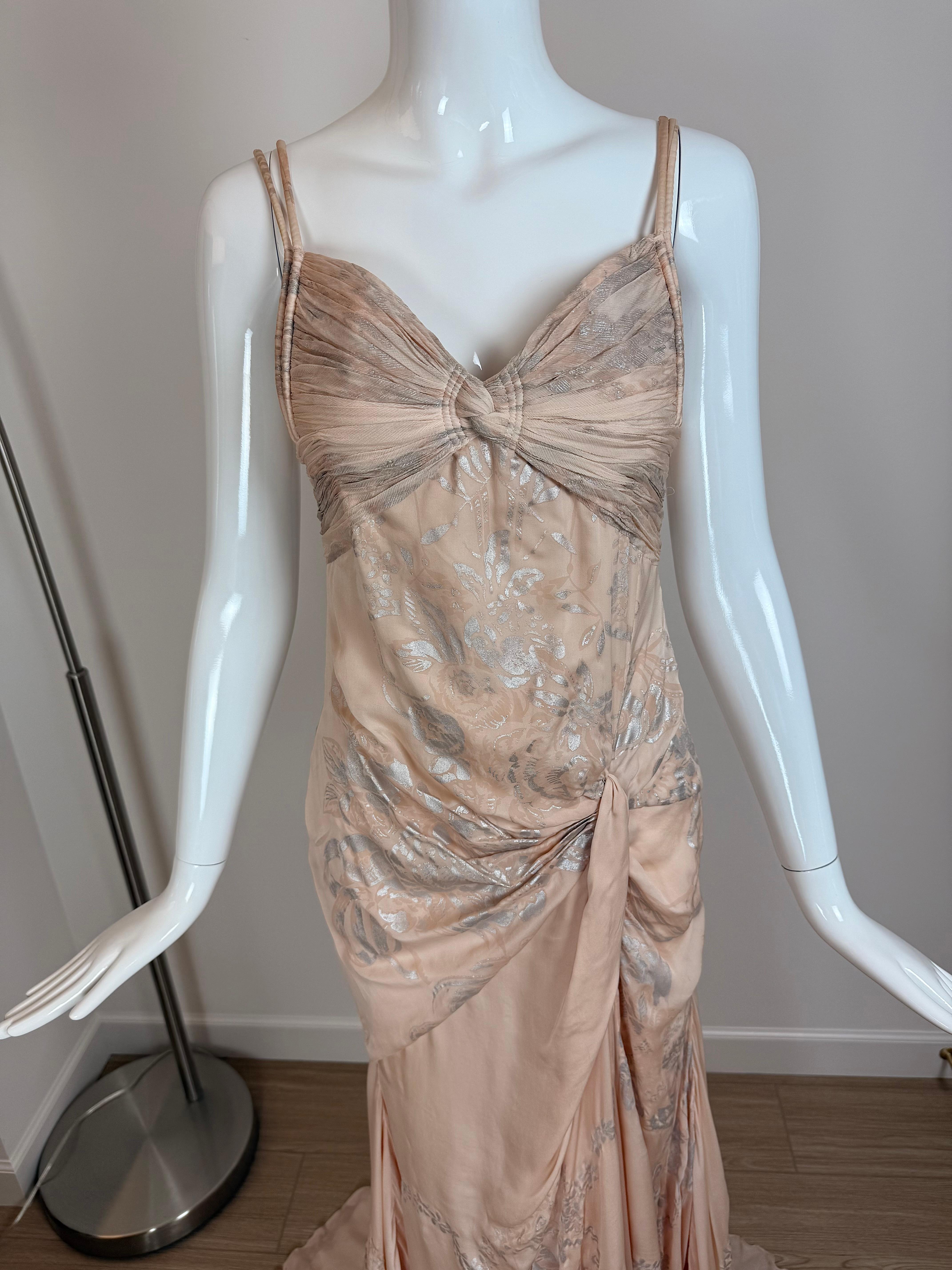 ROBERTO CAVALLI 2006 Vintage Silk Peach + Silver Evening Gown Maxi Dress Floral 5