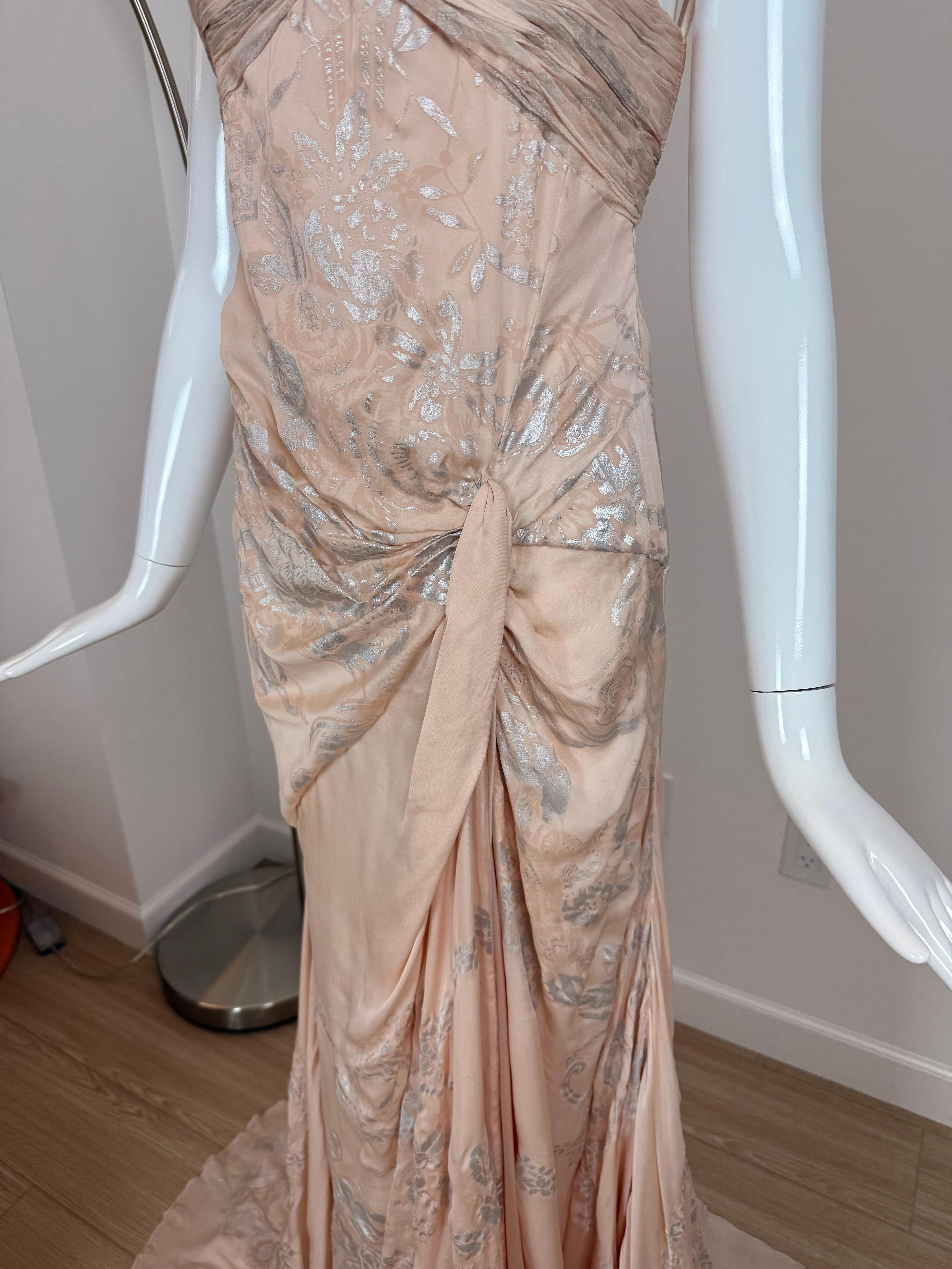ROBERTO CAVALLI 2006 Vintage Silk Peach + Silver Evening Gown Maxi Dress Floral 6